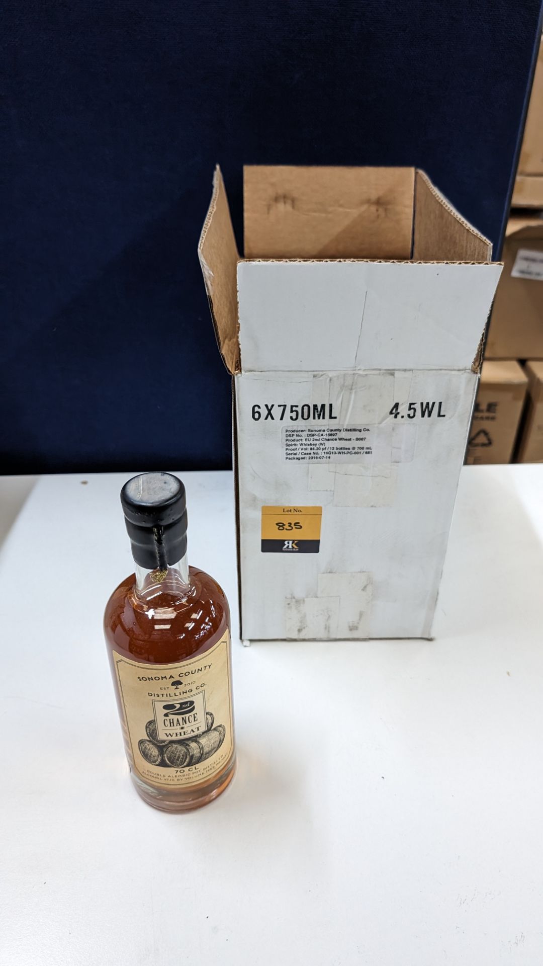 6 off 700ml bottles of Sonoma County 2nd Chance Wheat Double Alembic Pot Distilled Whiskey. In white