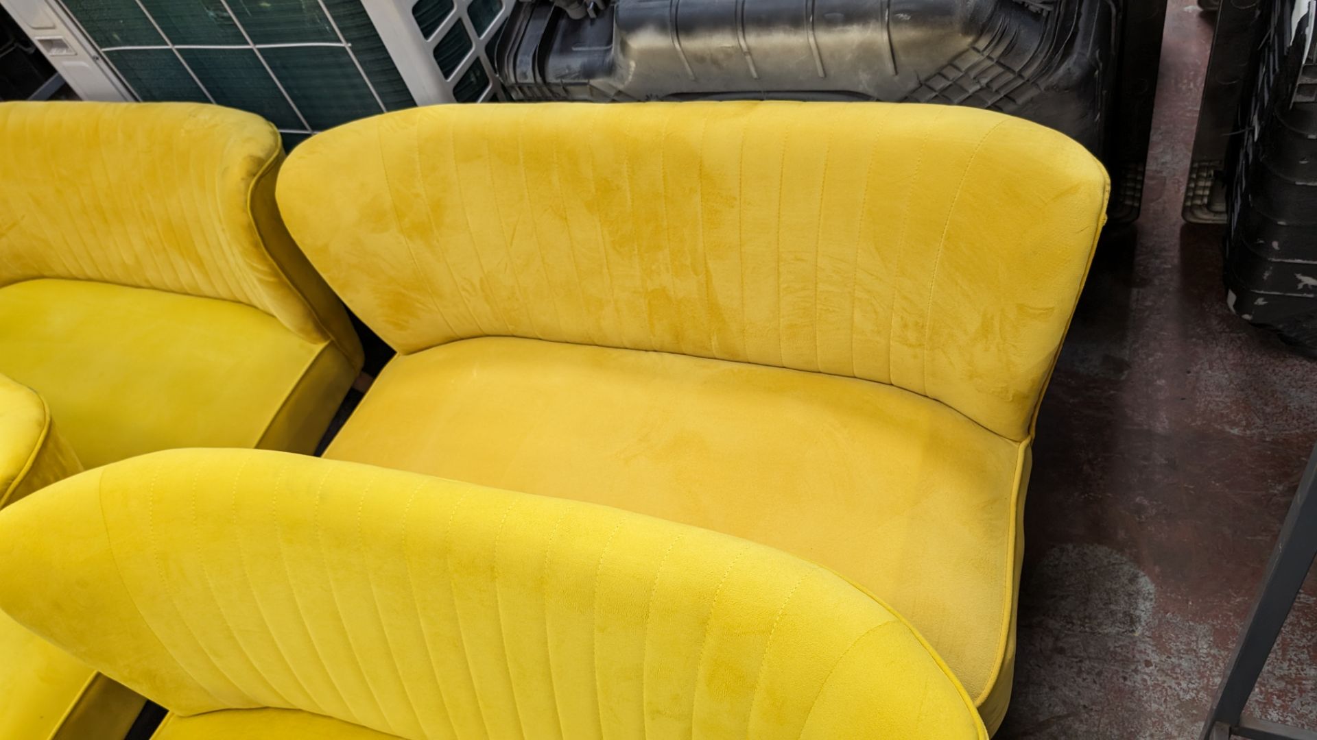 Pair of mustard yellow velour two-person small sofas, each measuring approximately 1120mm wide - Image 4 of 6