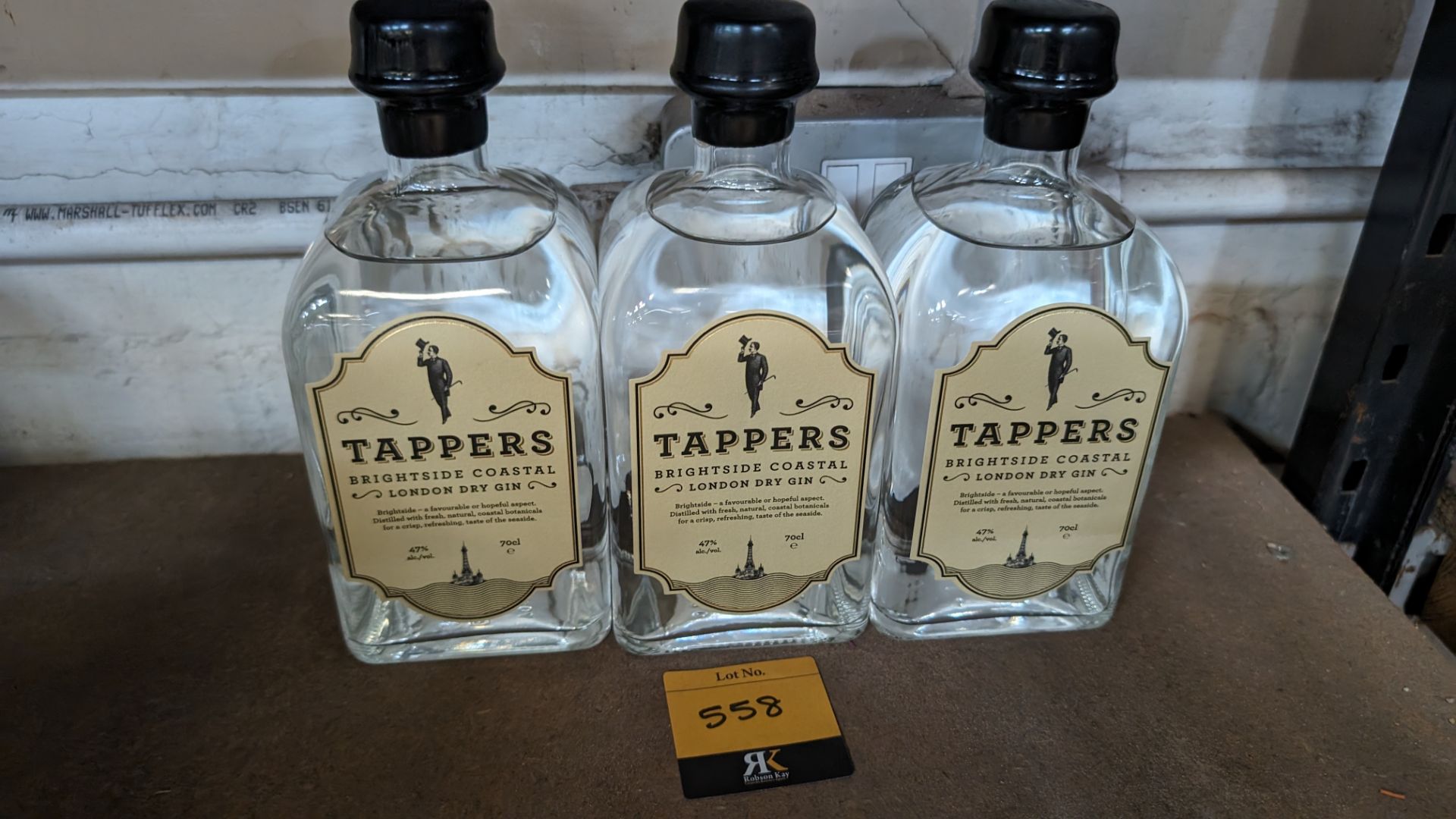 3 off 700ml bottles of Tappers 47% ABV Brightside Coastal London Dry Gin. Individually numbered bot