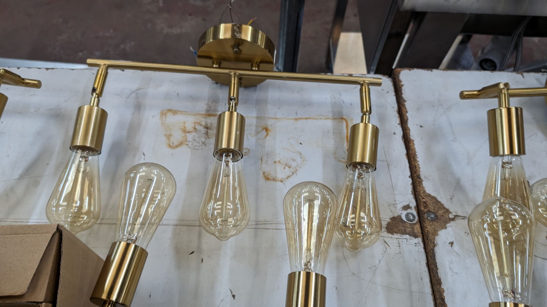6 off triple bulb brass coloured wall lights, plus box with 5 off spare bulbs for use with same - Image 6 of 9