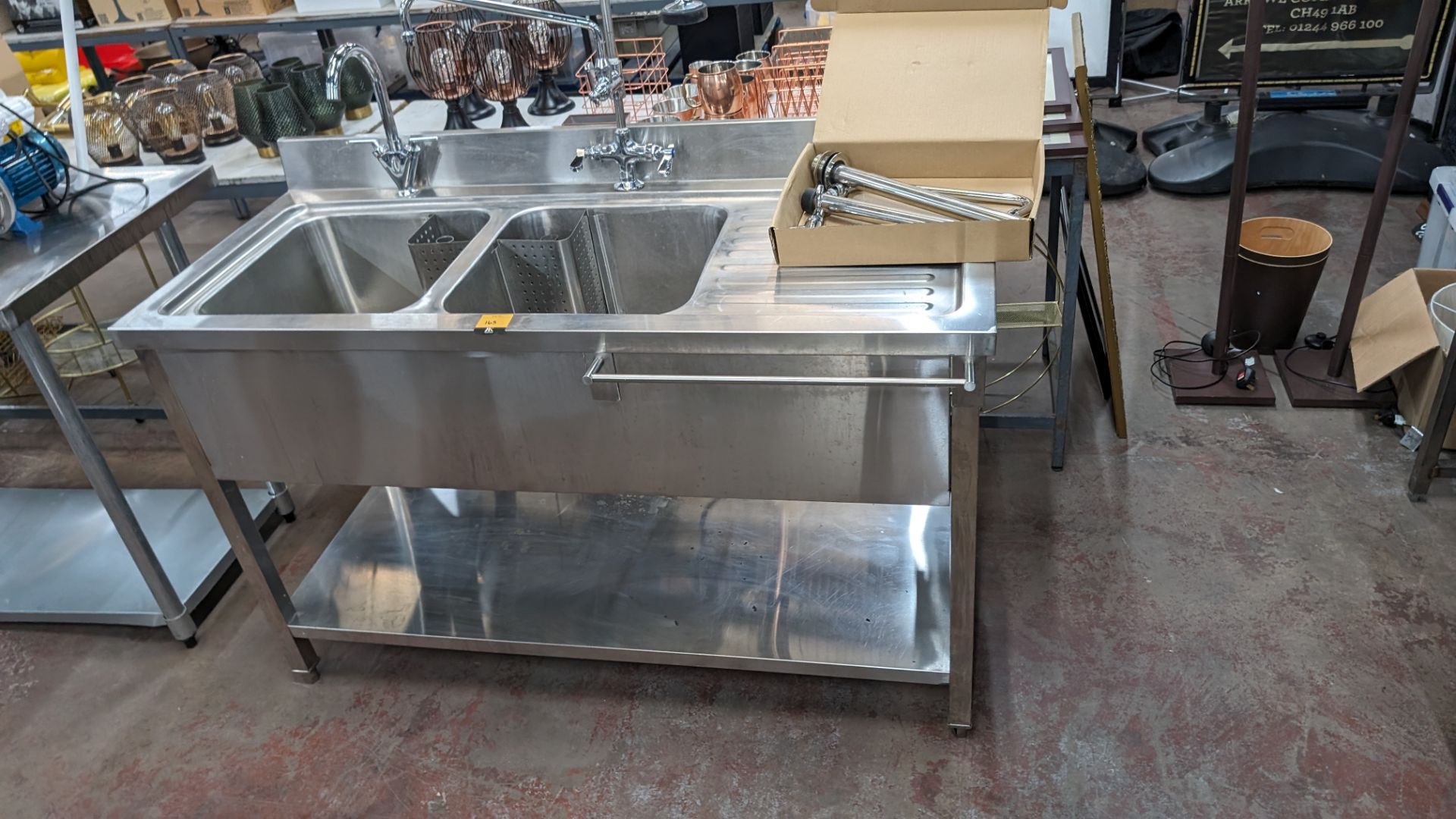 Stainless steel floor standing twin bowl sink arrangement including Monoblock pre-rinse tap system a - Image 3 of 11