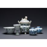 Two Chinese blue and white jars, a stem cup, a bowl and a censer, Chenghua mark, Ming