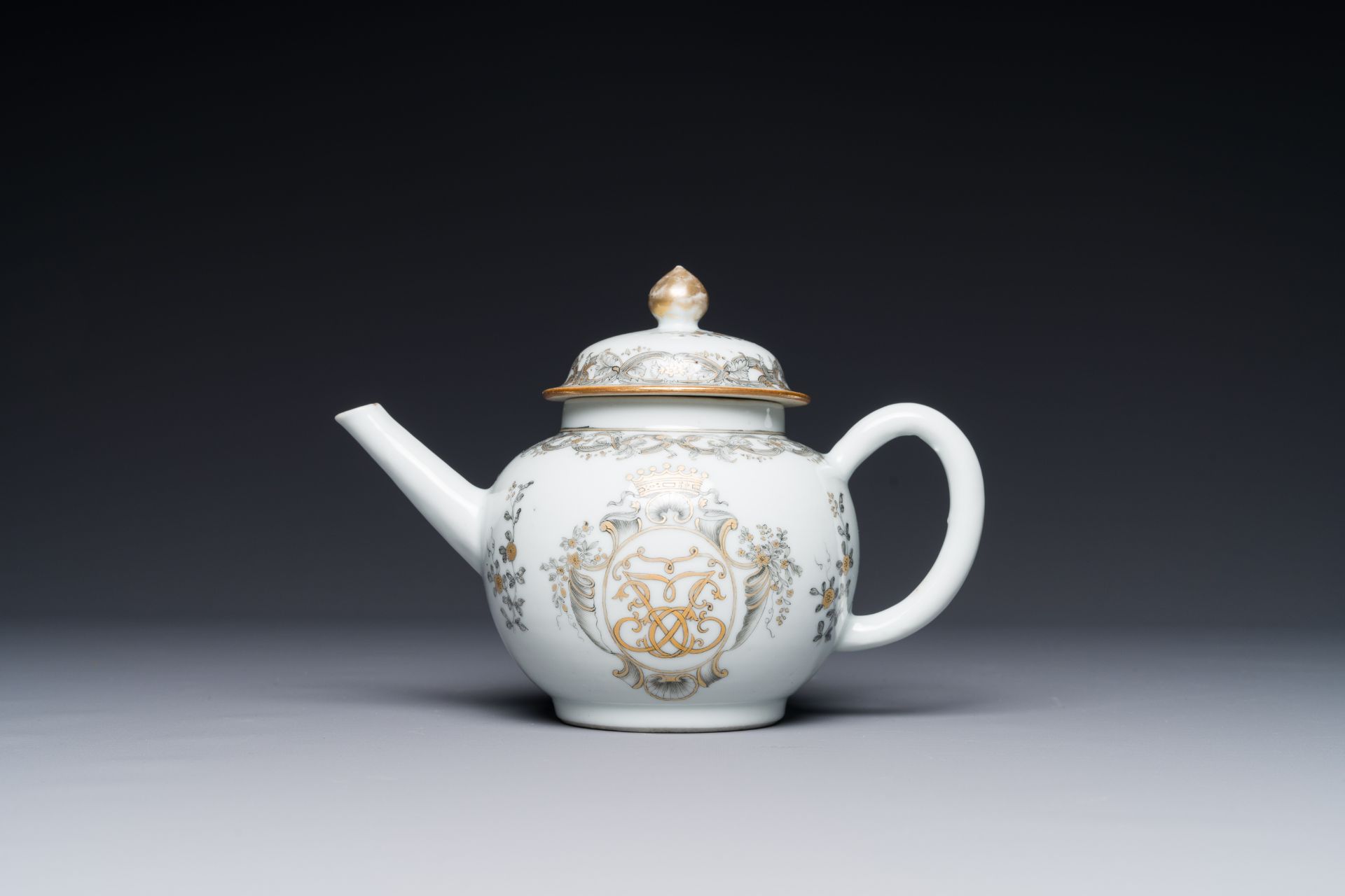 A Chinese monogrammed grisaille and gilt export porcelain teapot, Qianlong