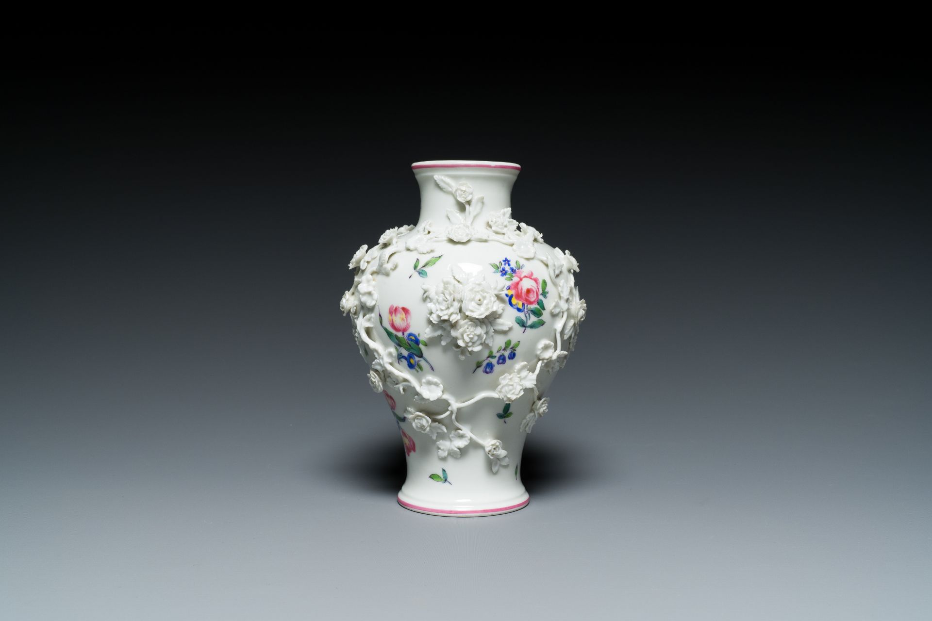 A Mennecy vase with applied floral design, France, DV mark, 18th C. - Image 6 of 16