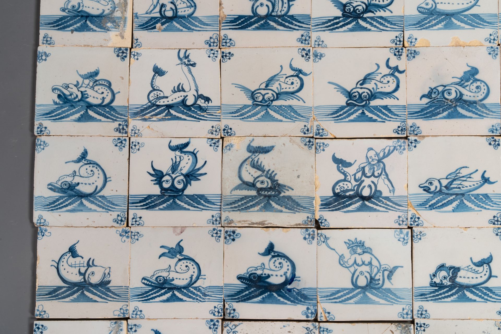 92 blue and white Dutch Delft tiles with sea monsters and ships, 18th C. - Image 2 of 16