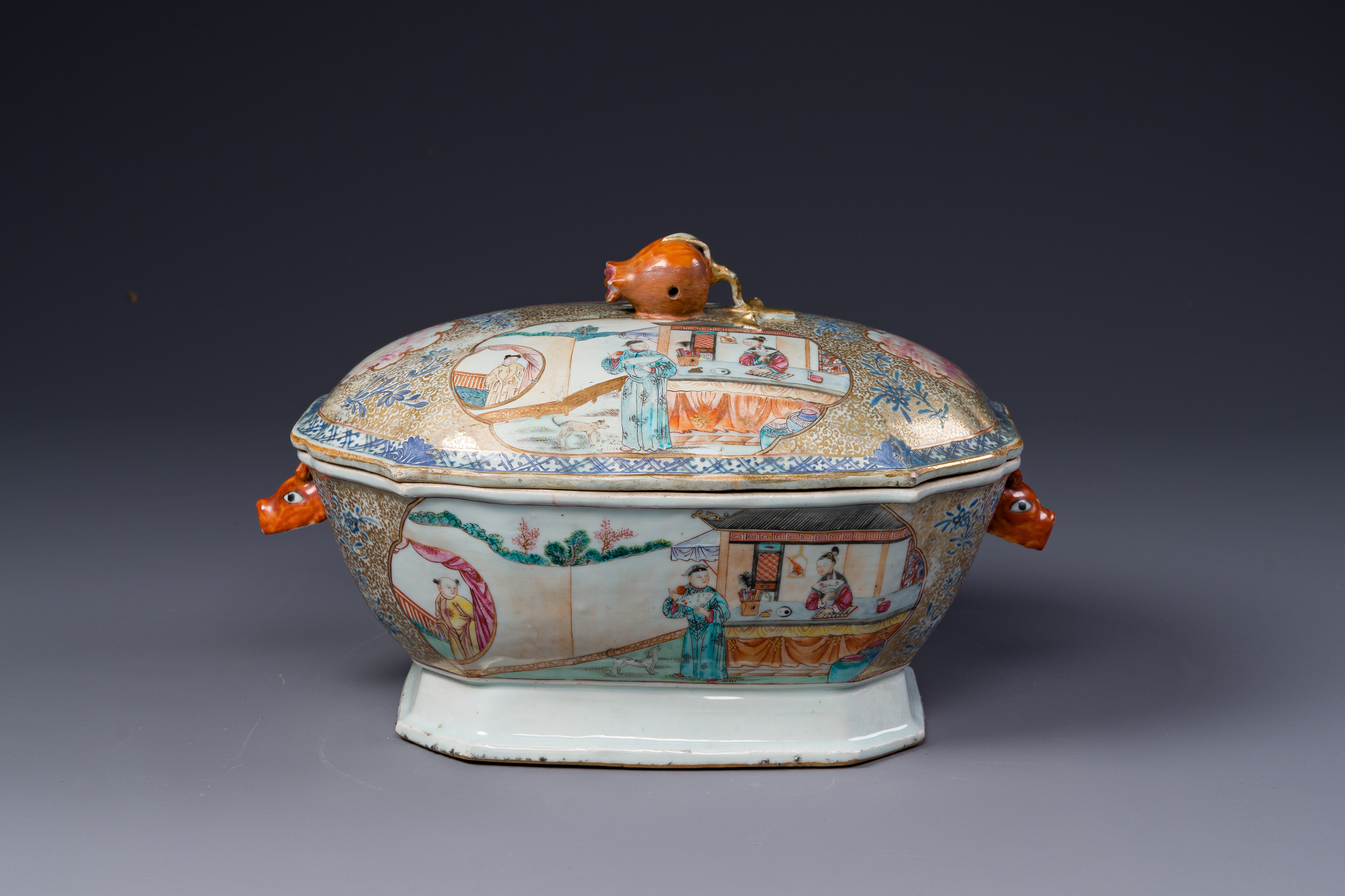 A Chinese Canton famille rose 'mandarin subject' tureen, cover and stand, Qianlong - Image 4 of 9