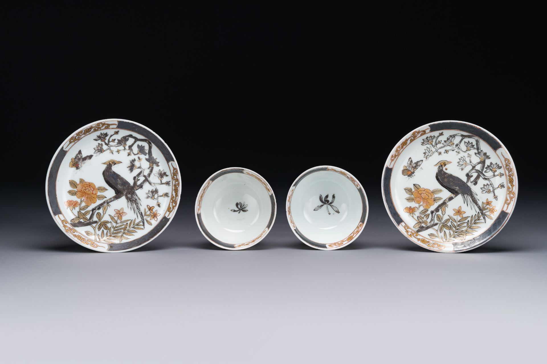 A pair of Chinese grisaille and gilded 'pheasant' cups and saucers, Yongzheng - Image 3 of 4