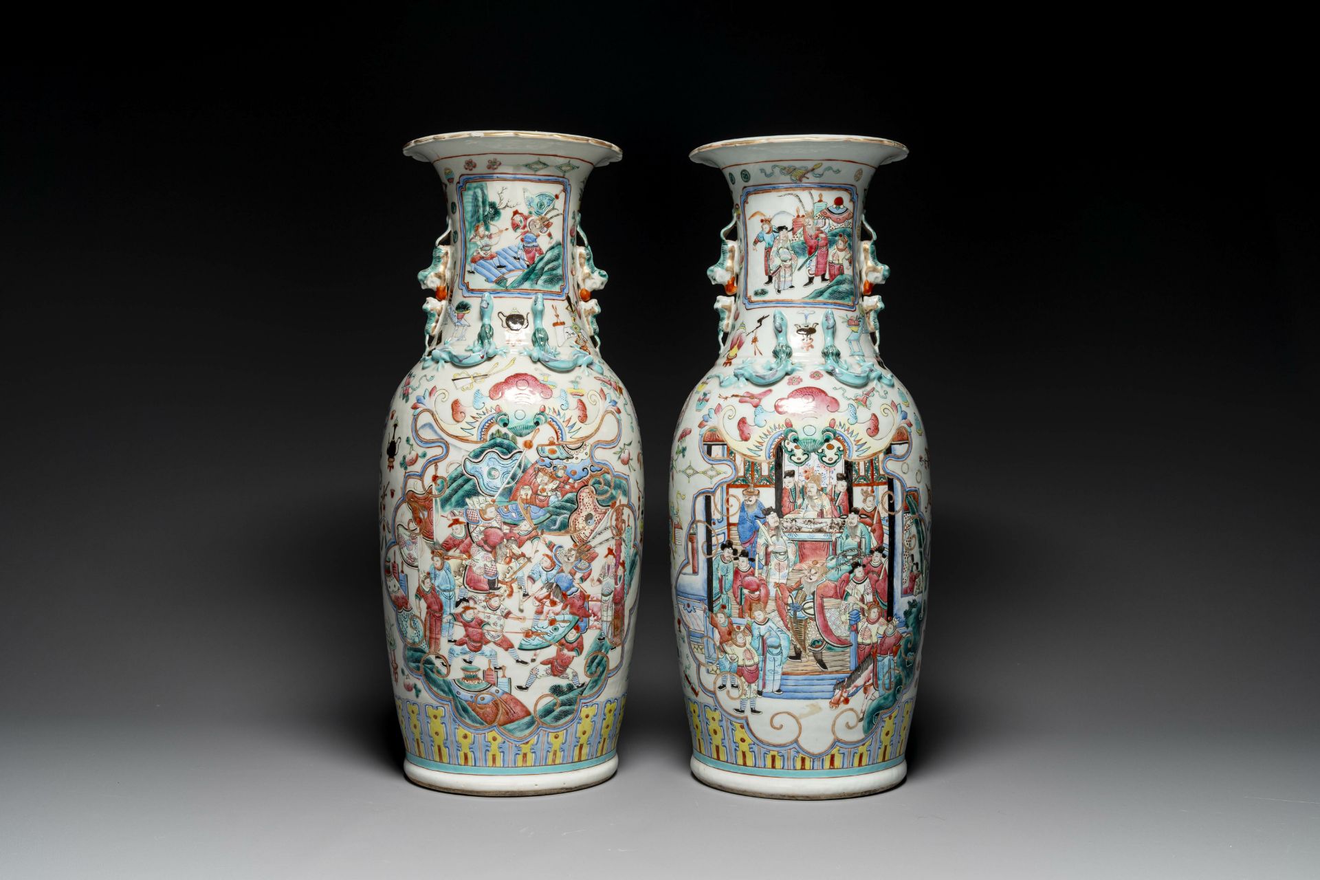 A pair of Chinese famille rose vases with narrative design, 19th C. - Image 3 of 6