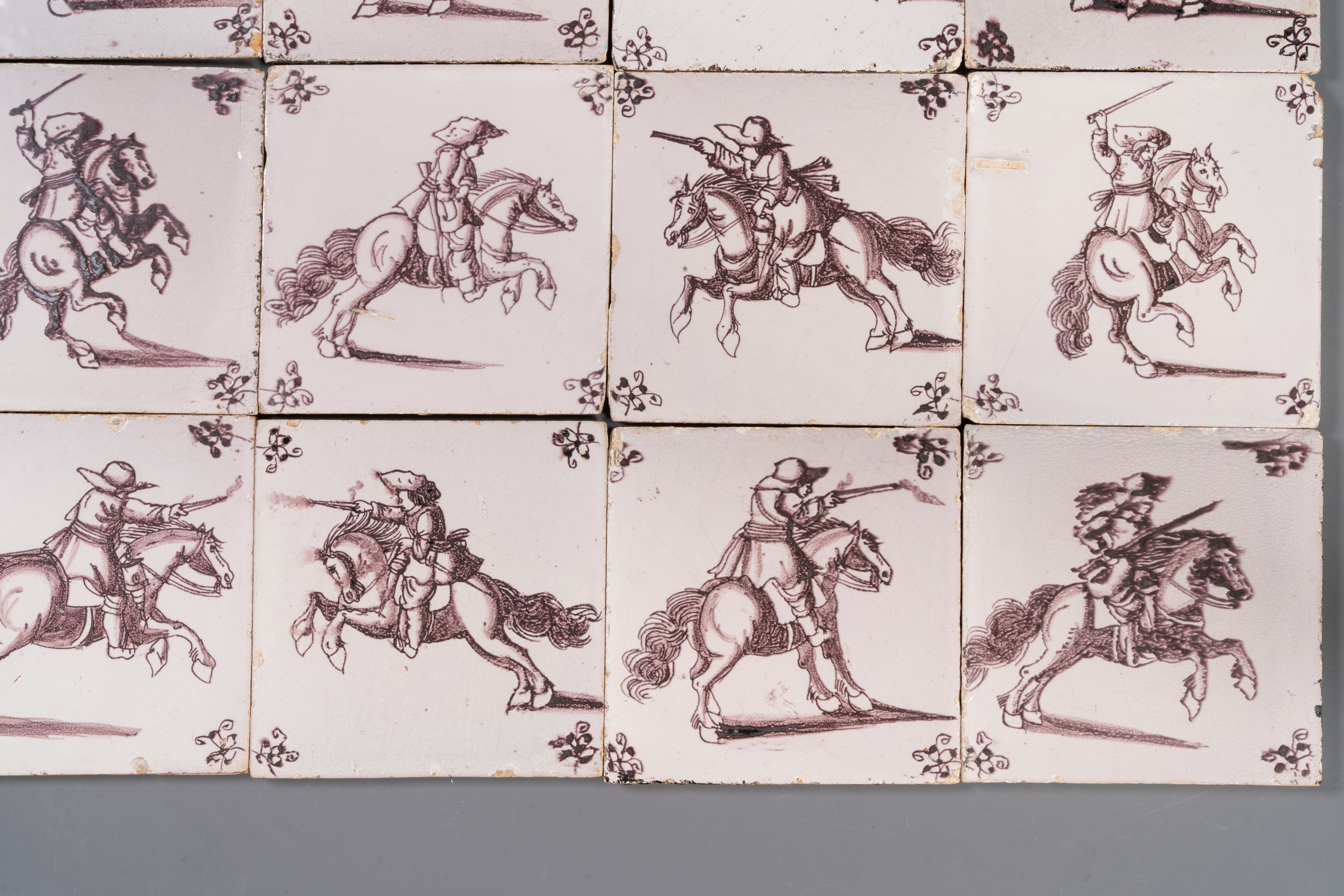 Fifteen Dutch Delft manganese tiles with horse riders, late 17th C. - Image 10 of 13