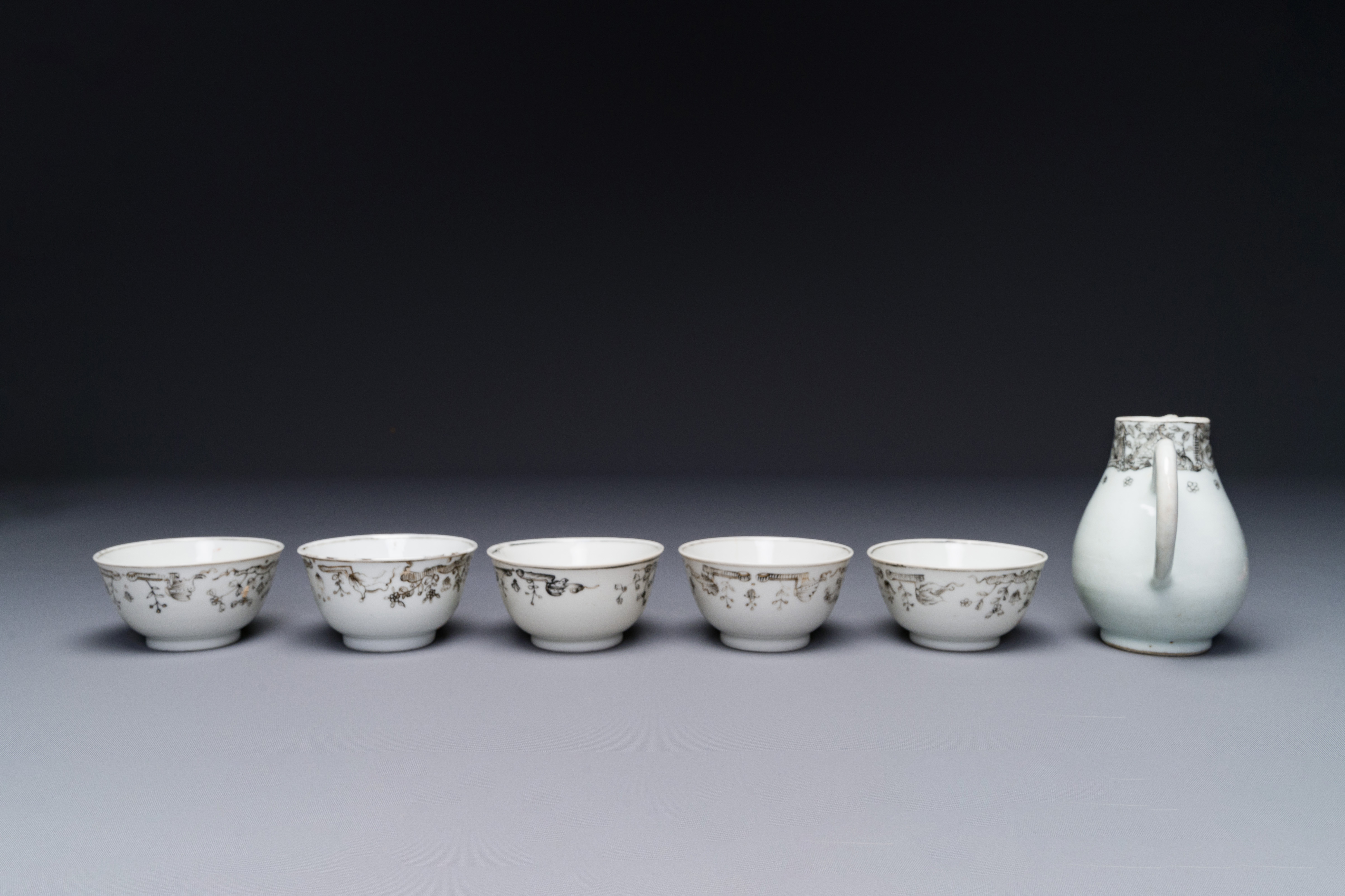 Five Chinese export grisaille cups and a milk jug, Qianlong - Image 3 of 5