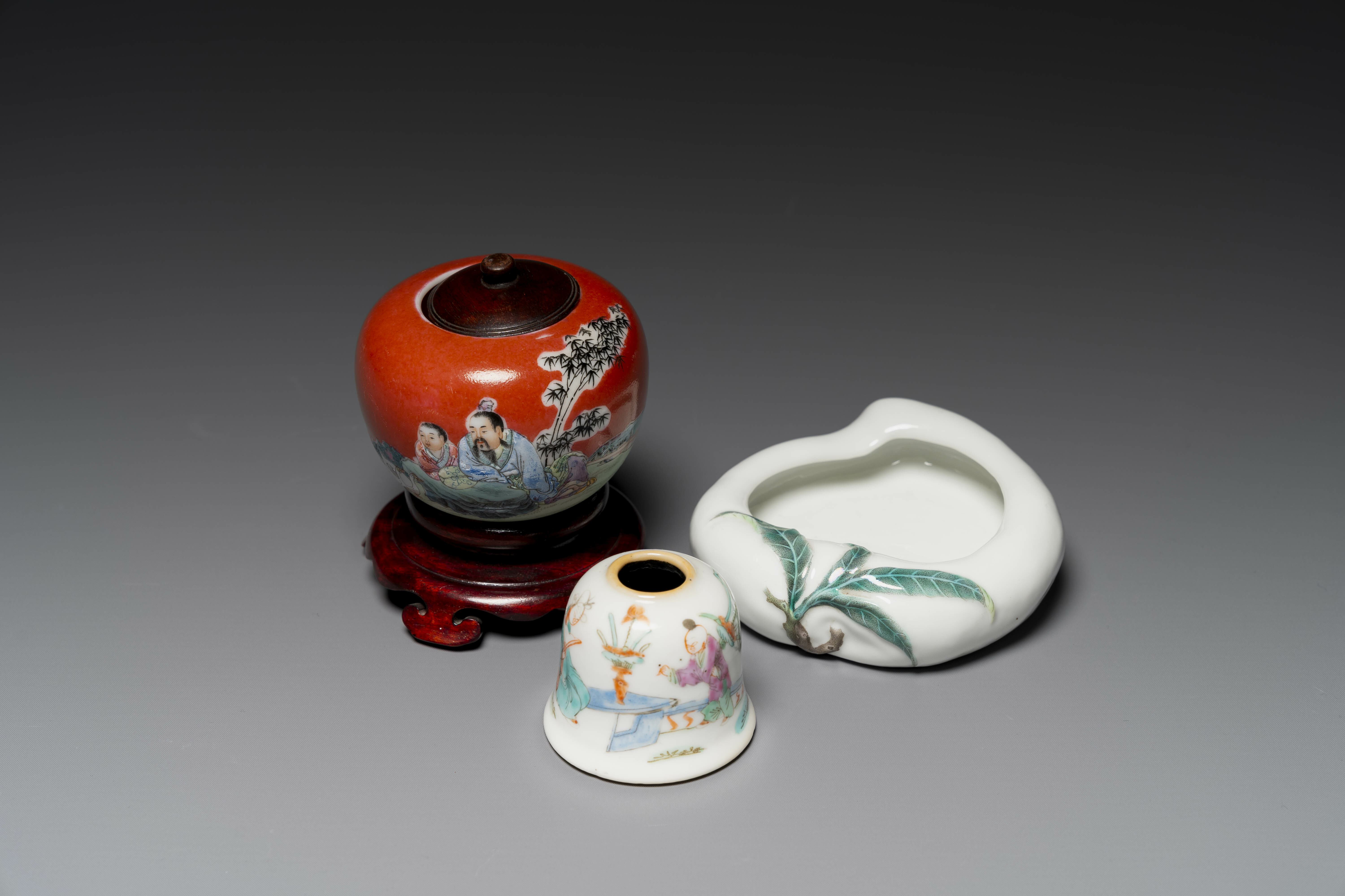 Group of three Chinese famille rose scholarâ€™s desk objects, Qianlong mark, 19/20th C.