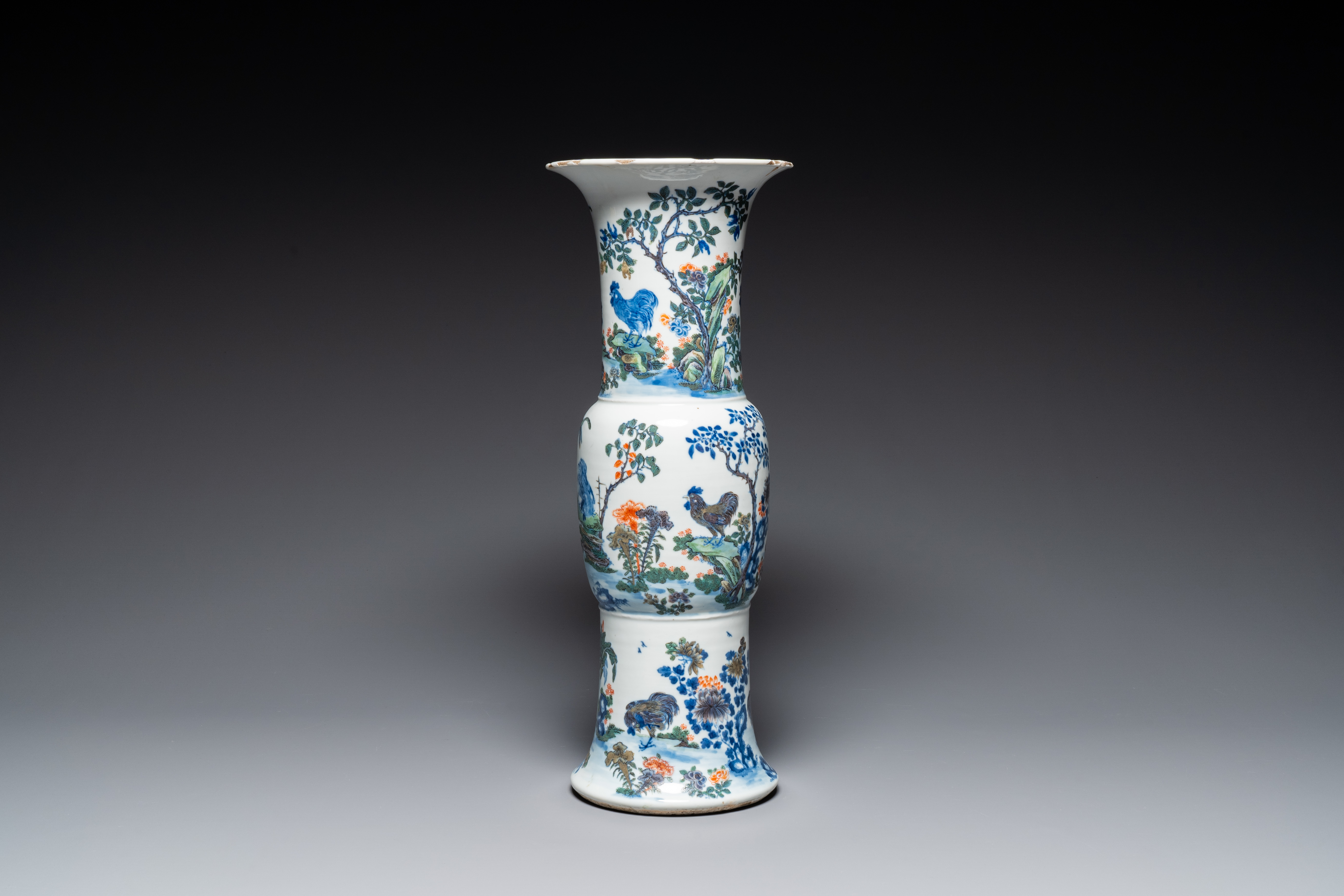 A Chinese doucai 'gu' vase with roosters, Qianlong mark, 19th C - Image 2 of 6