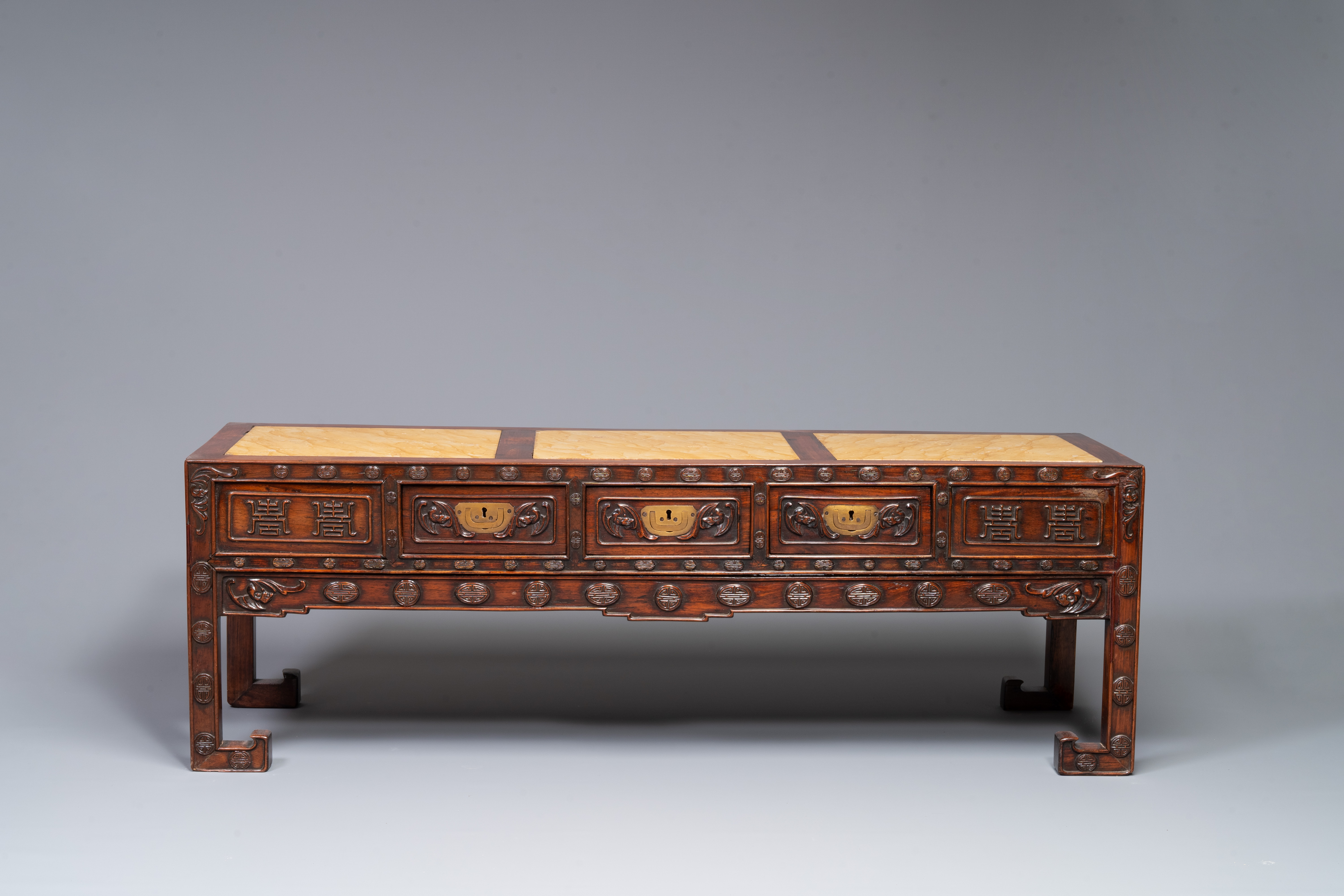 A Chinese carved wooden stand and a low table with marble tops, 19th C. - Image 4 of 10