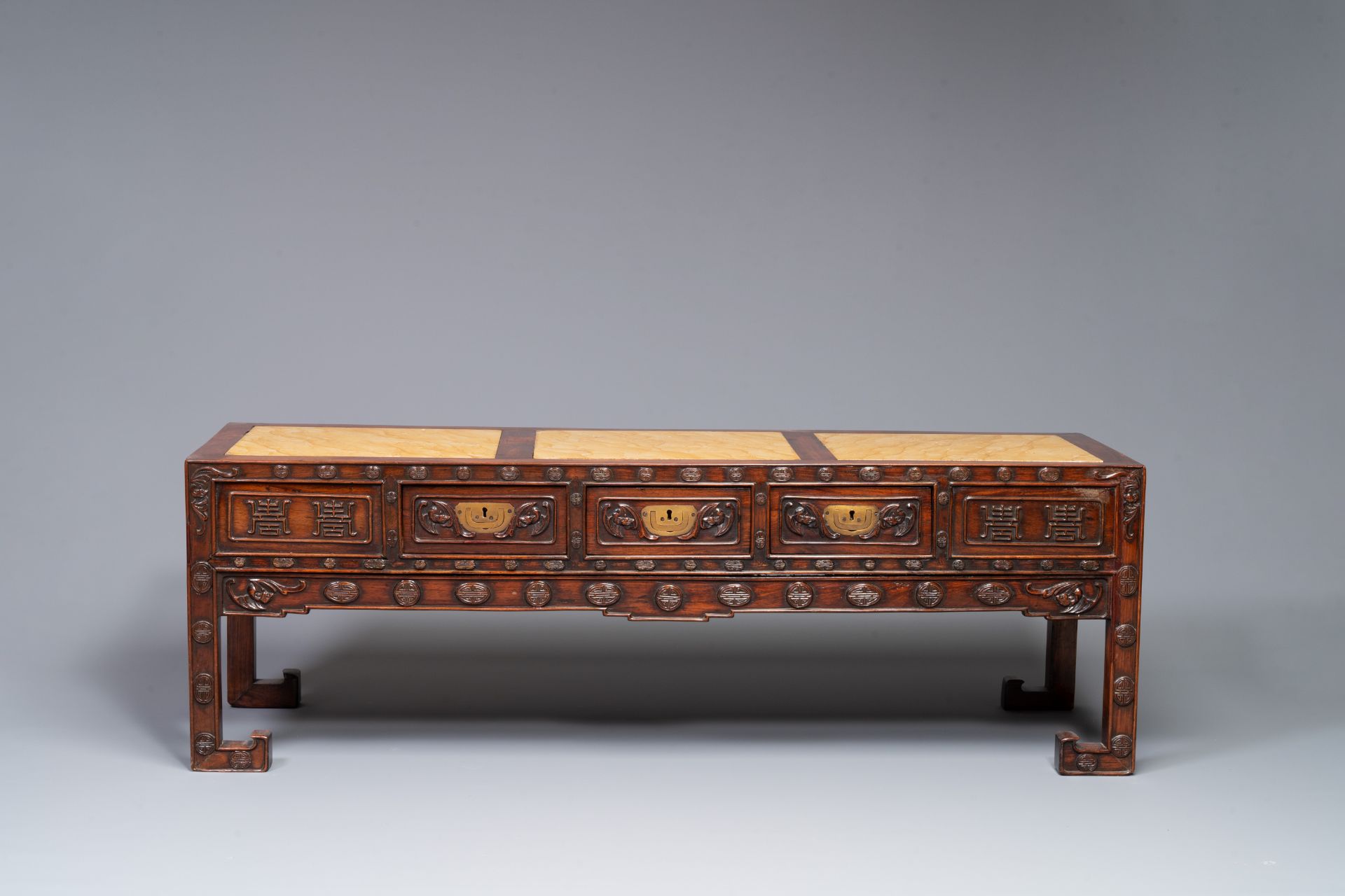 A Chinese carved wooden stand and a low table with marble tops, 19th C. - Image 4 of 10