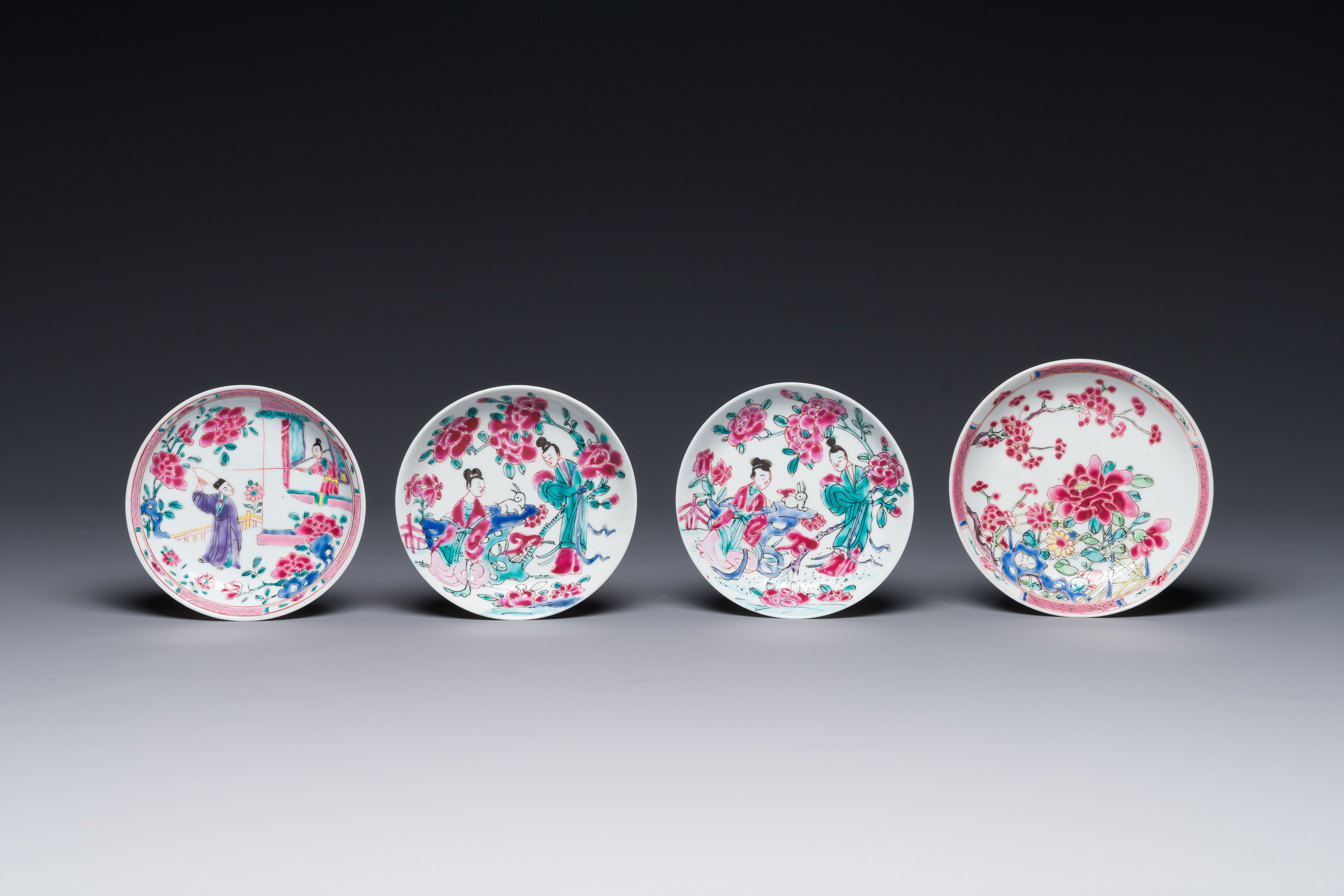 Three Chinese famille rose plates and ten saucers, Yongzheng/Qianlong - Image 7 of 8