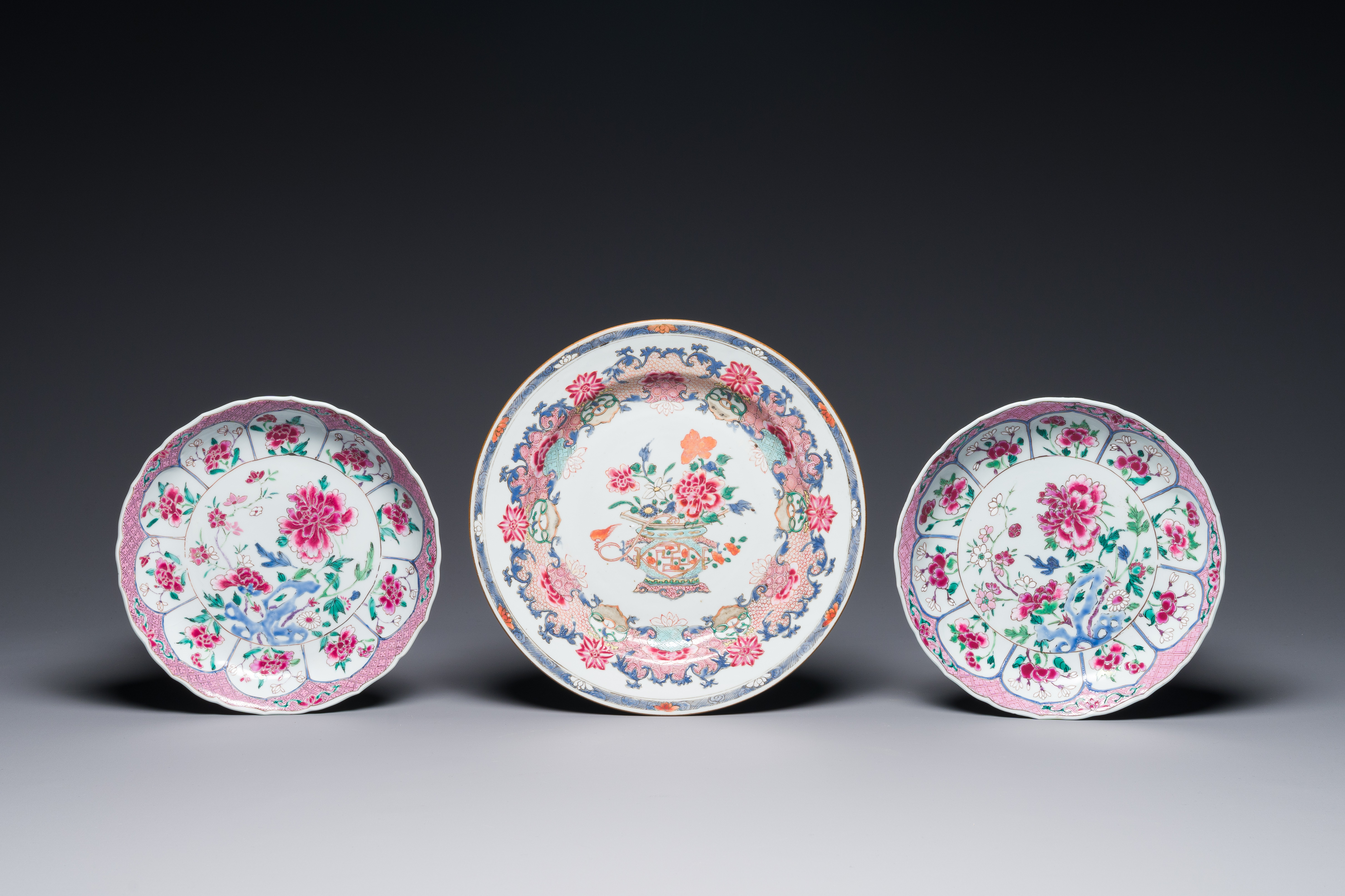 Three Chinese famille rose plates and ten saucers, Yongzheng/Qianlong - Image 2 of 8