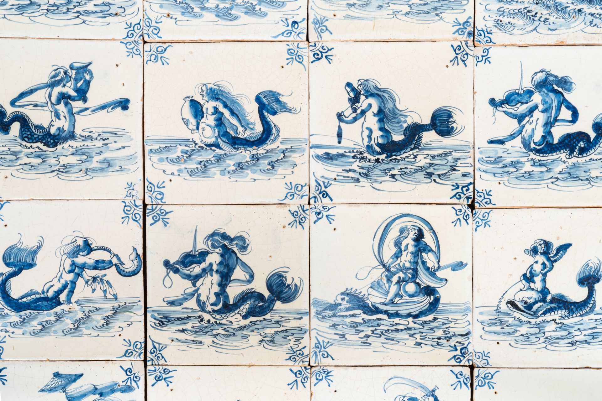 An exceptional set of 25 Dutch Delft blue and white tiles with fine sea monsters, Harlingen, Friesla - Image 3 of 4