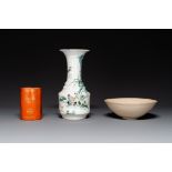 A Chinese gilt-decorated coral-red-glazed brush pot, a famille verte vase and a ding-type bowl, Guan