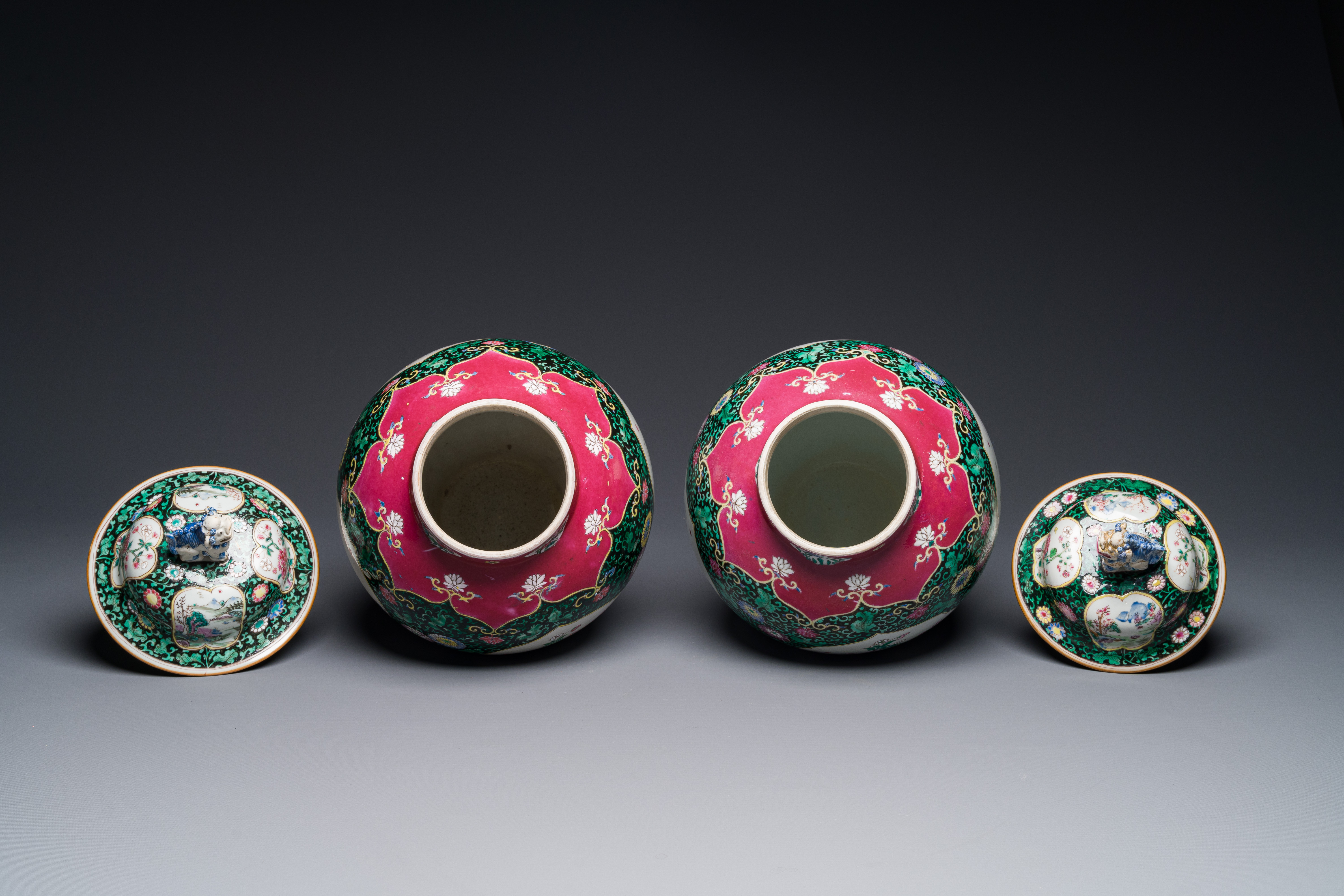 A pair of Chinese famille rose black-ground jars and covers with mountainous landscape design, Yongz - Image 5 of 6