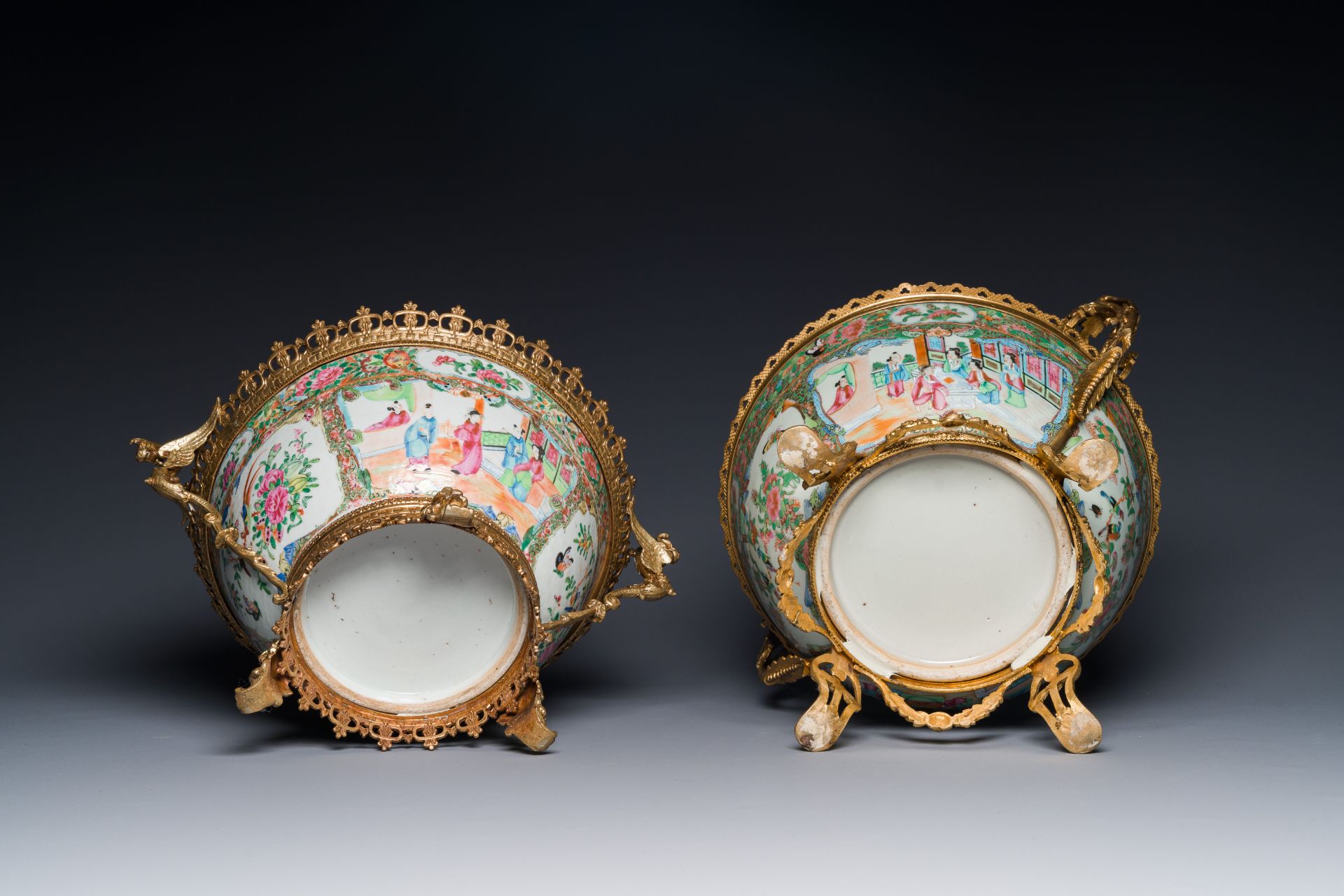 Two Chinese Canton famille rose bowls with gilt bronze mounts, 19th C. - Image 4 of 4