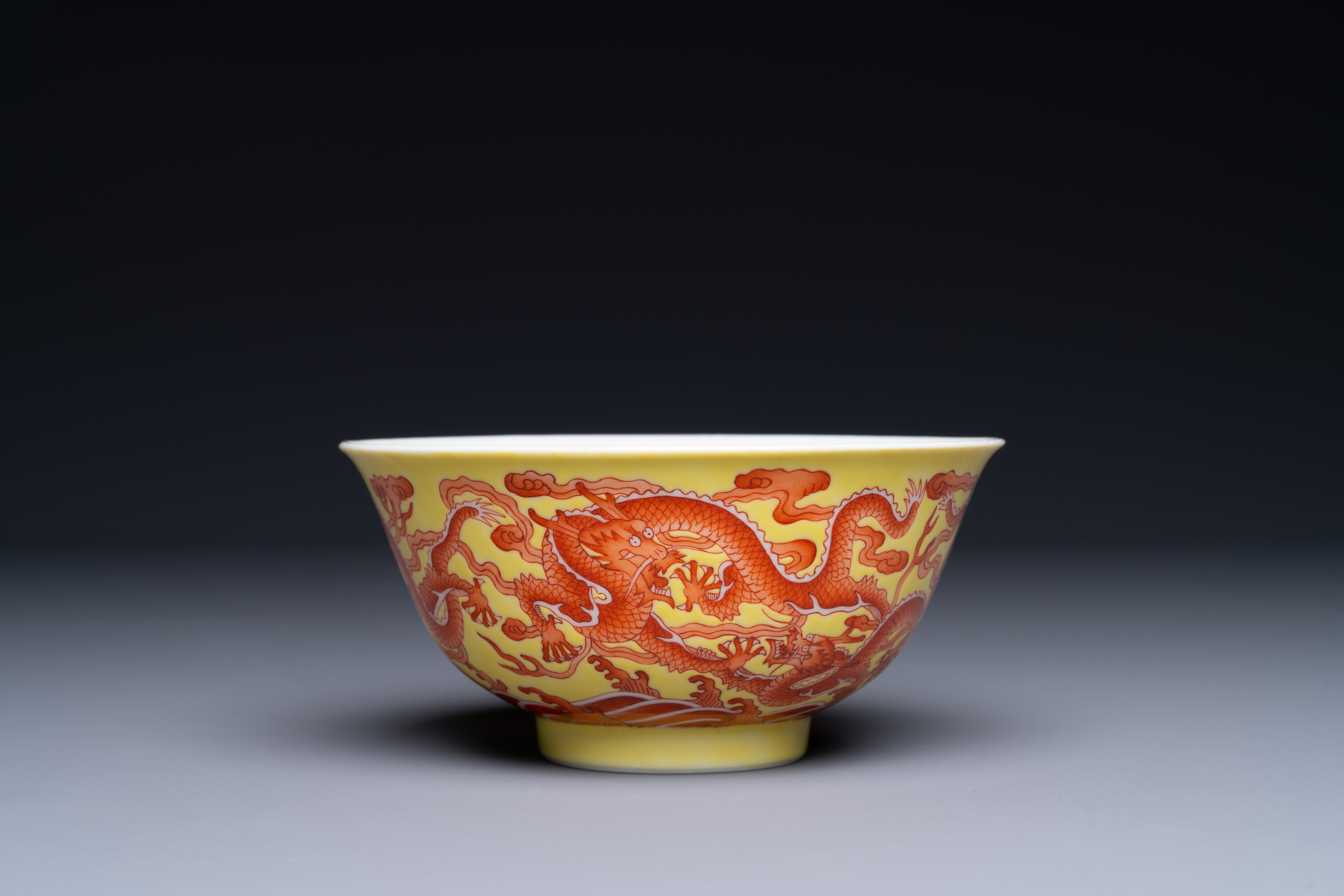 A rare Chinese yellow-ground iron-red-decorated 'dragon' bowl, Qianlong mark and of the period - Image 3 of 6