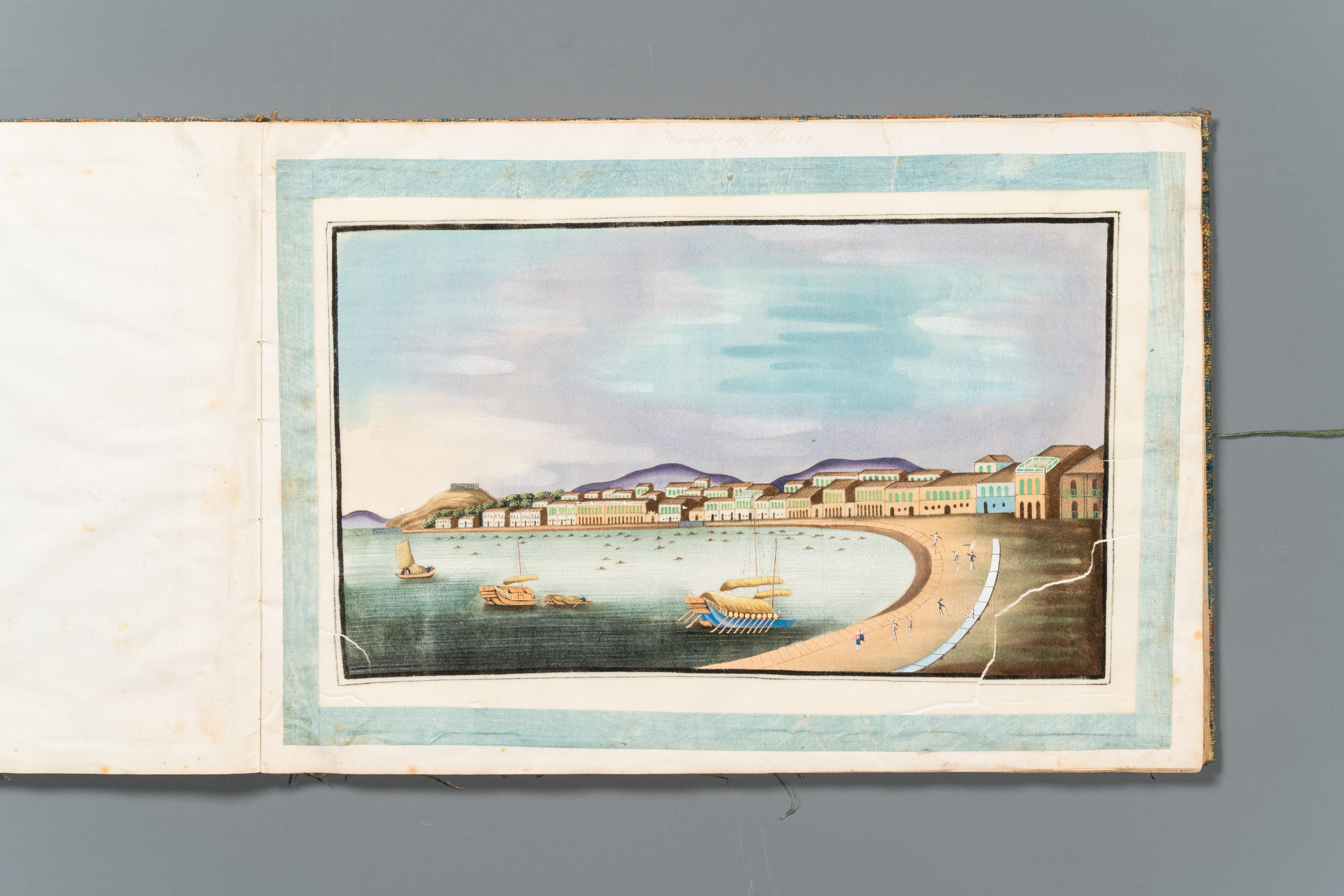 A rare album with Chinese rice paper paintings of 'Hong' views, figures and ships, Canton, Foekhing - Image 4 of 14