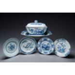 A Chinese blue and white covered tureen, a dish and four plates, Qianlong