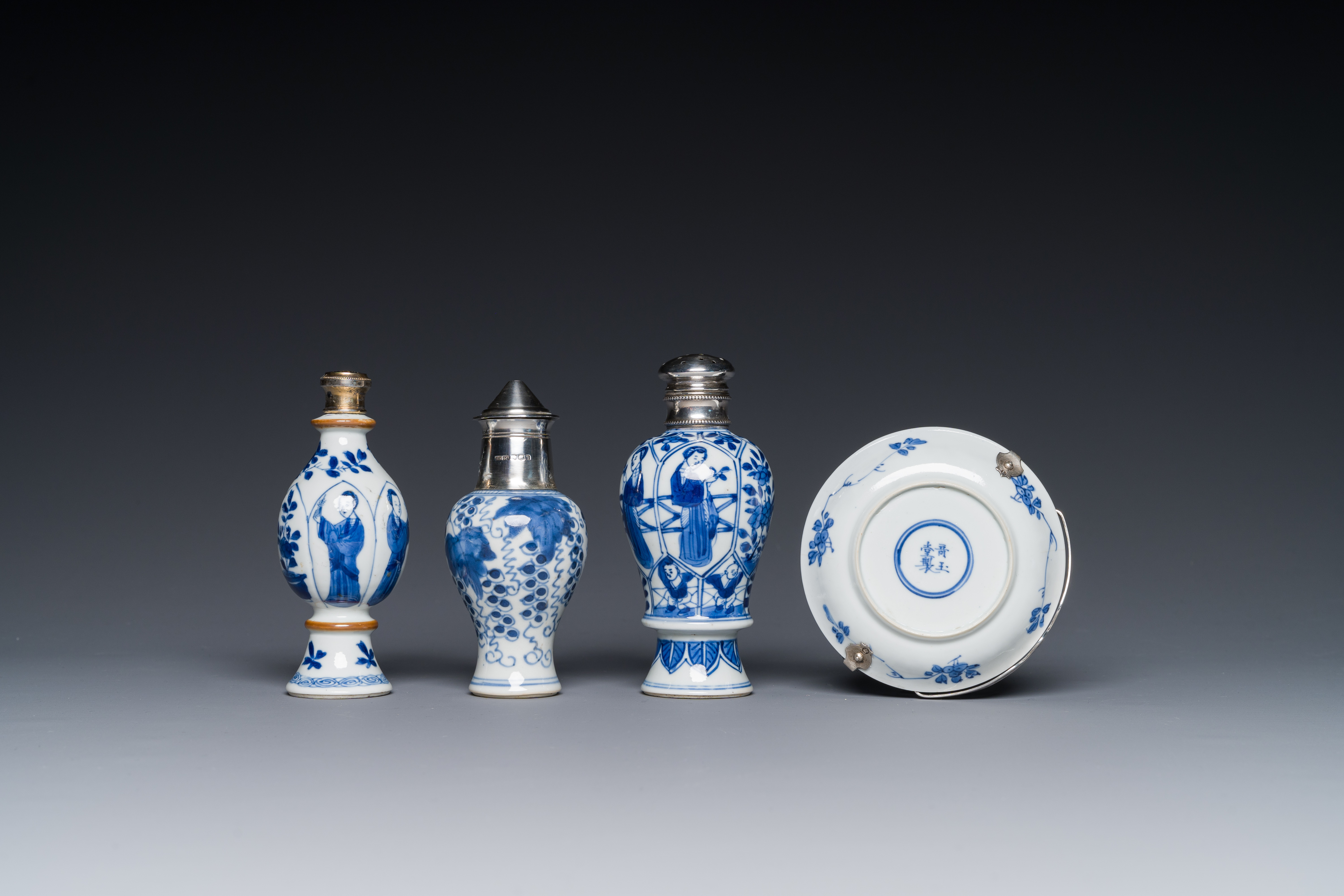 Four Chinese blue and white silver mounted porcelain, Kangxi - Image 4 of 5