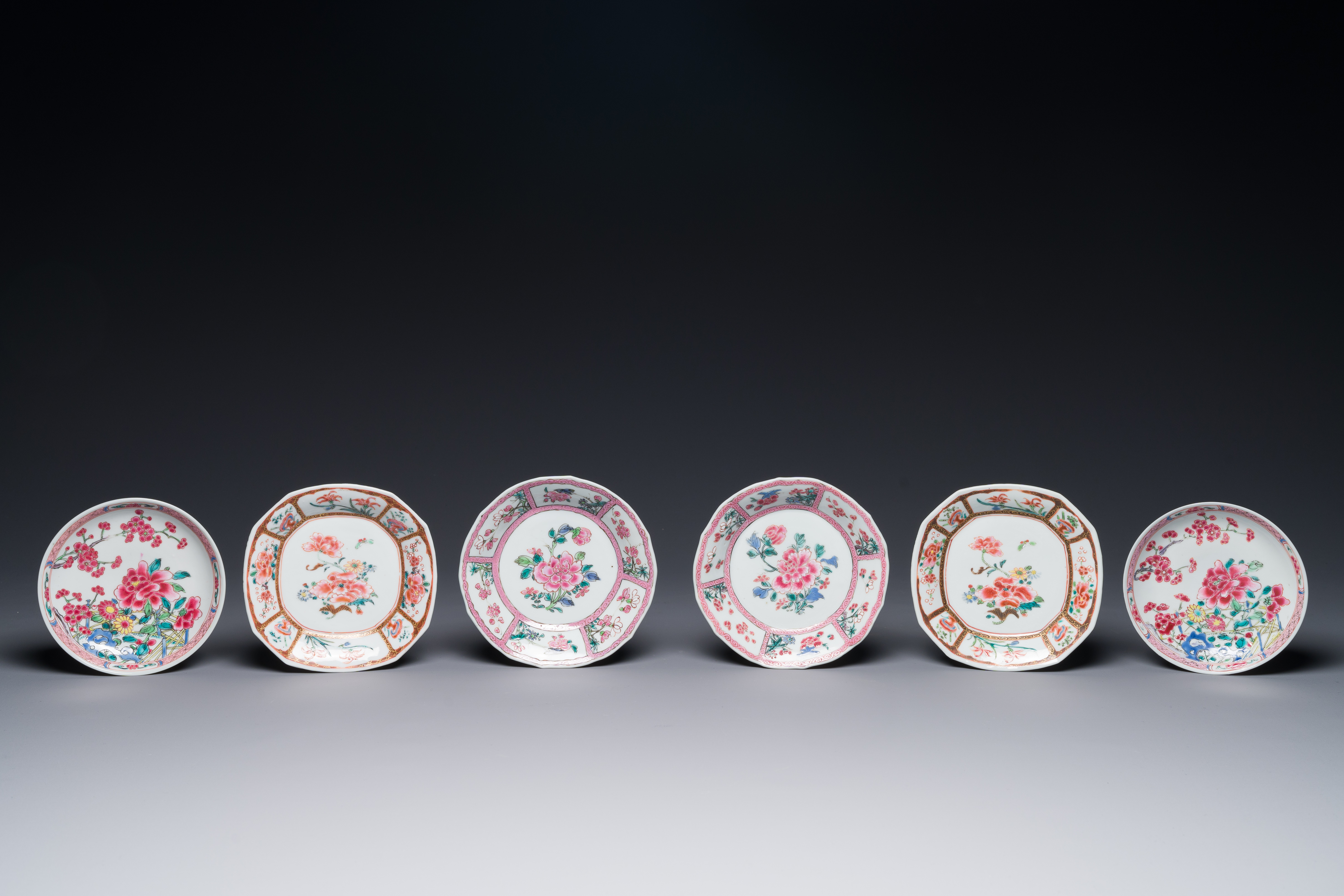 Three Chinese famille rose plates and ten saucers, Yongzheng/Qianlong - Image 5 of 8