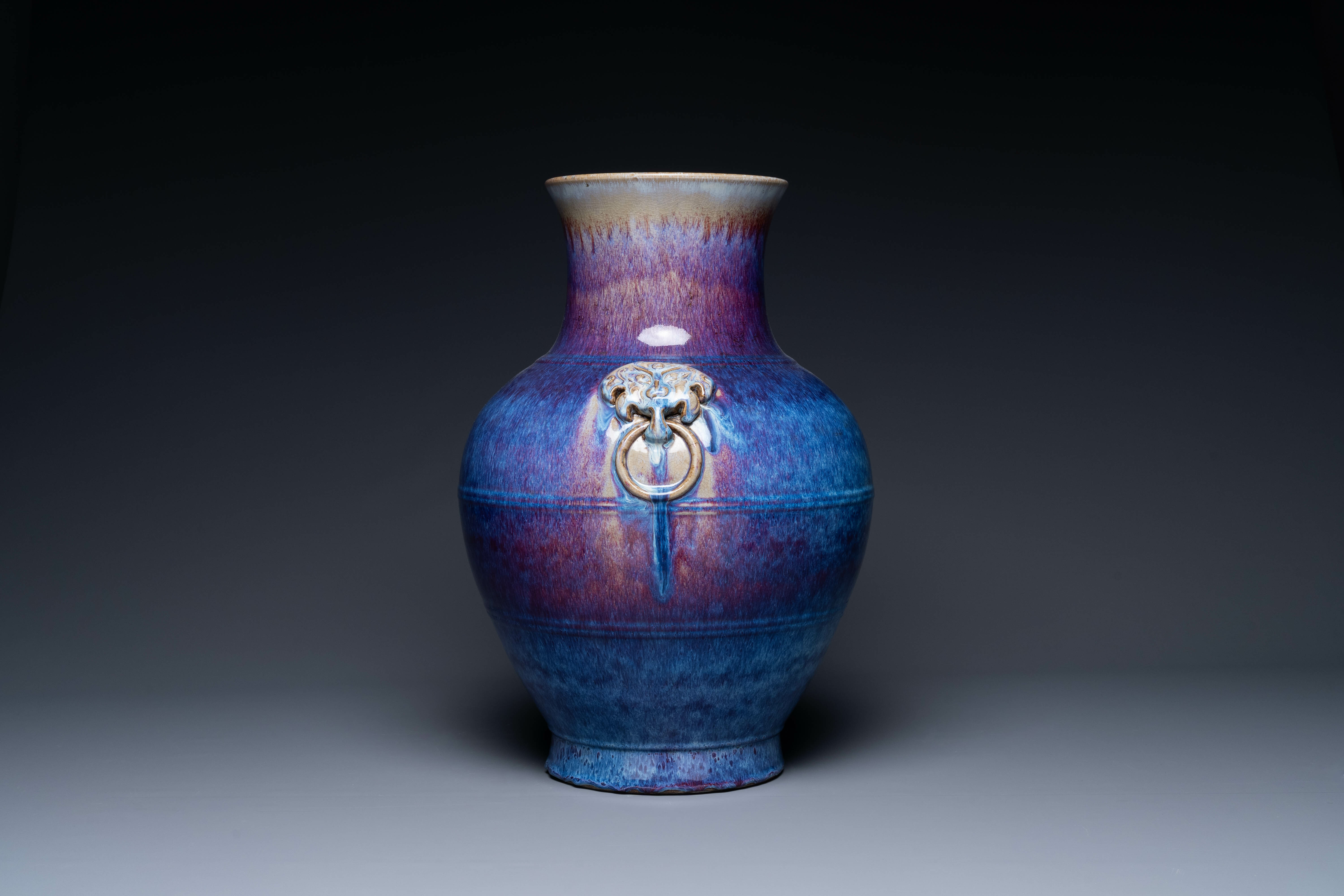 A large Chinese flambe glaze 'hu' vase with taotie handles, Qing - Image 2 of 6