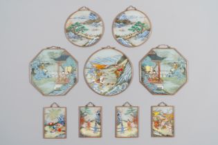 A collection of nine Chinese reverse glass paintings mounted as pendants, 19th C.