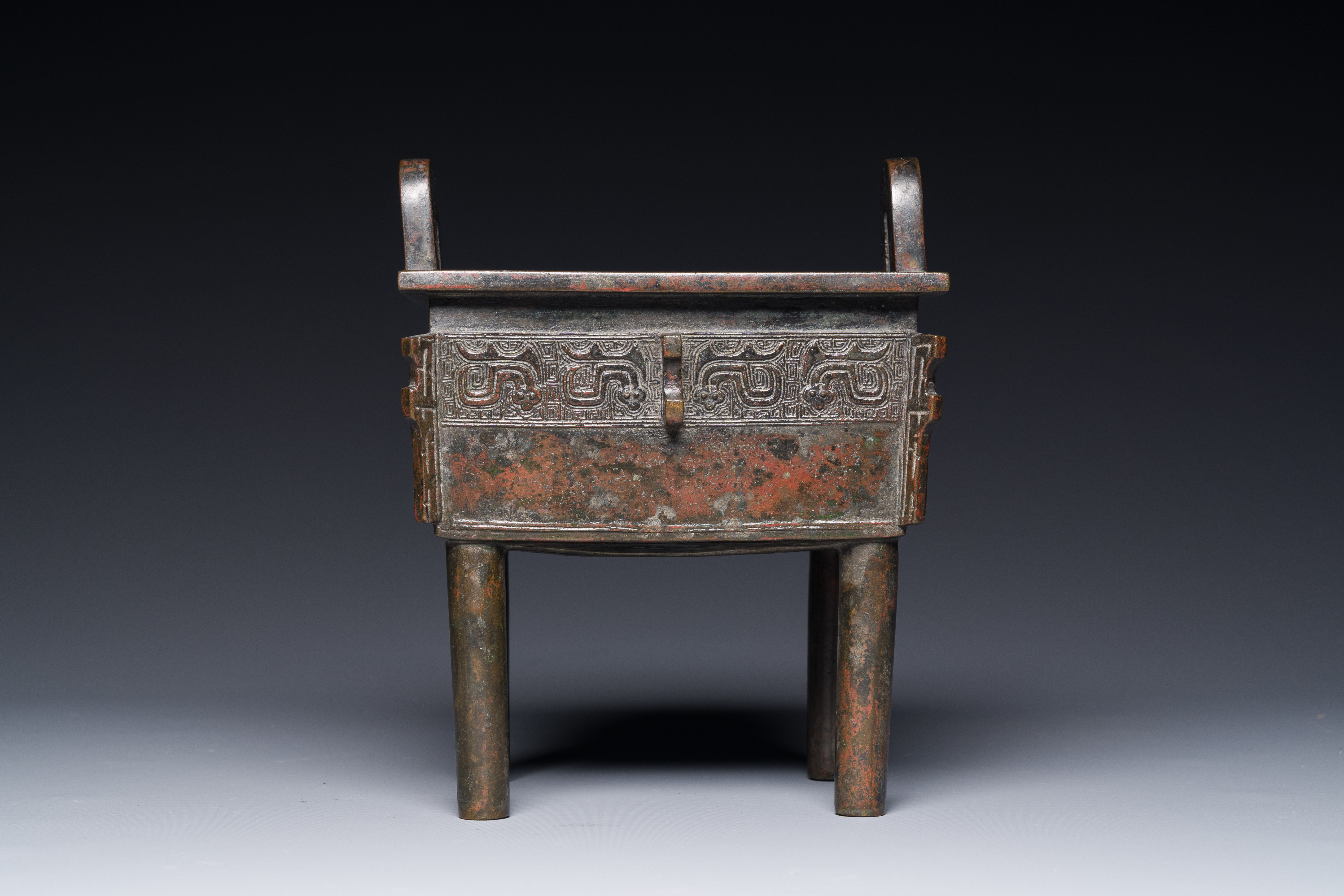 A Chinese Western Zhou-style rectangular bronze 'fangding' censer, Ming - Image 3 of 8