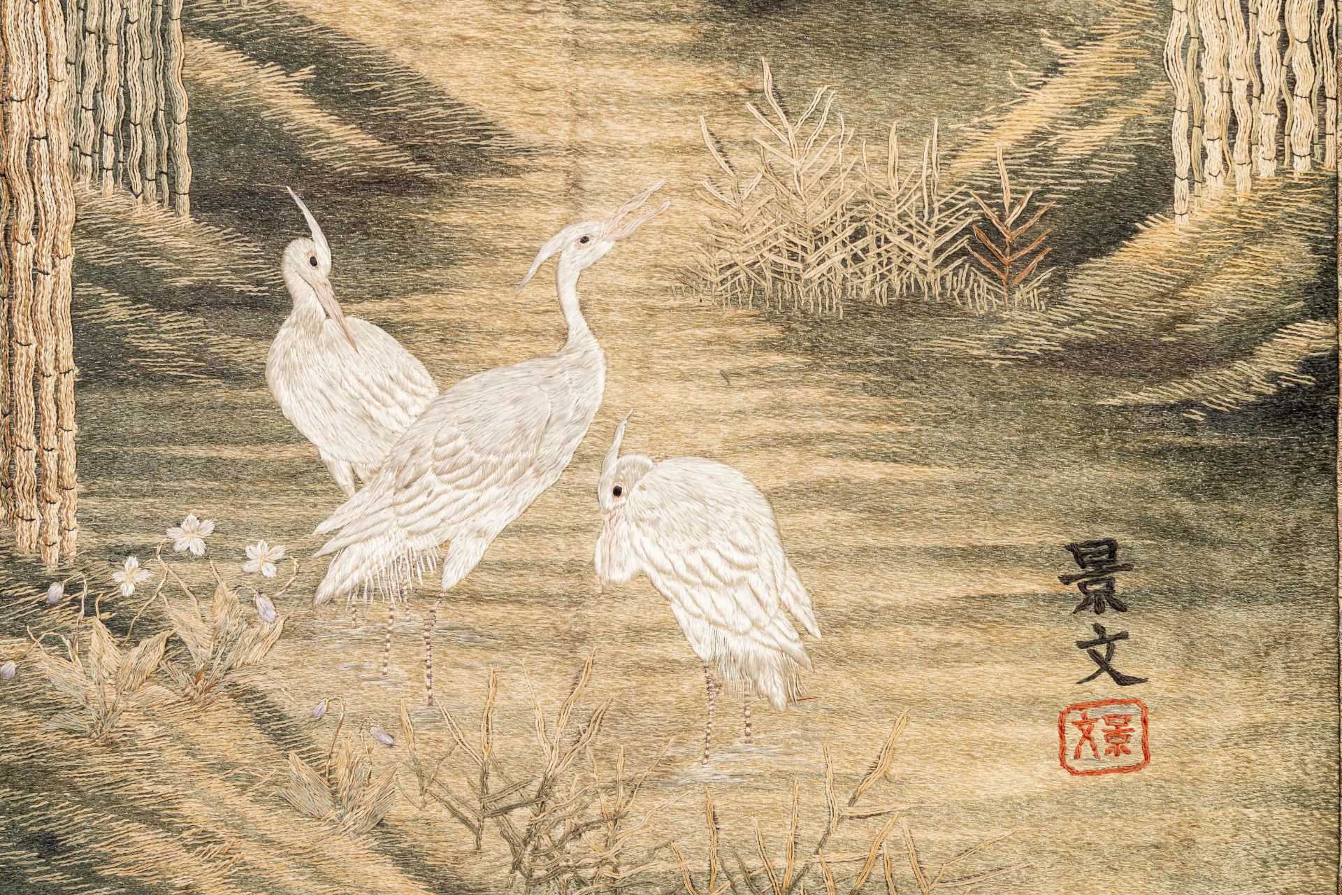 A Japanese silk embroidery with the crane and bamboo, Keibun mark, Meiji, 19th C. - Image 2 of 3