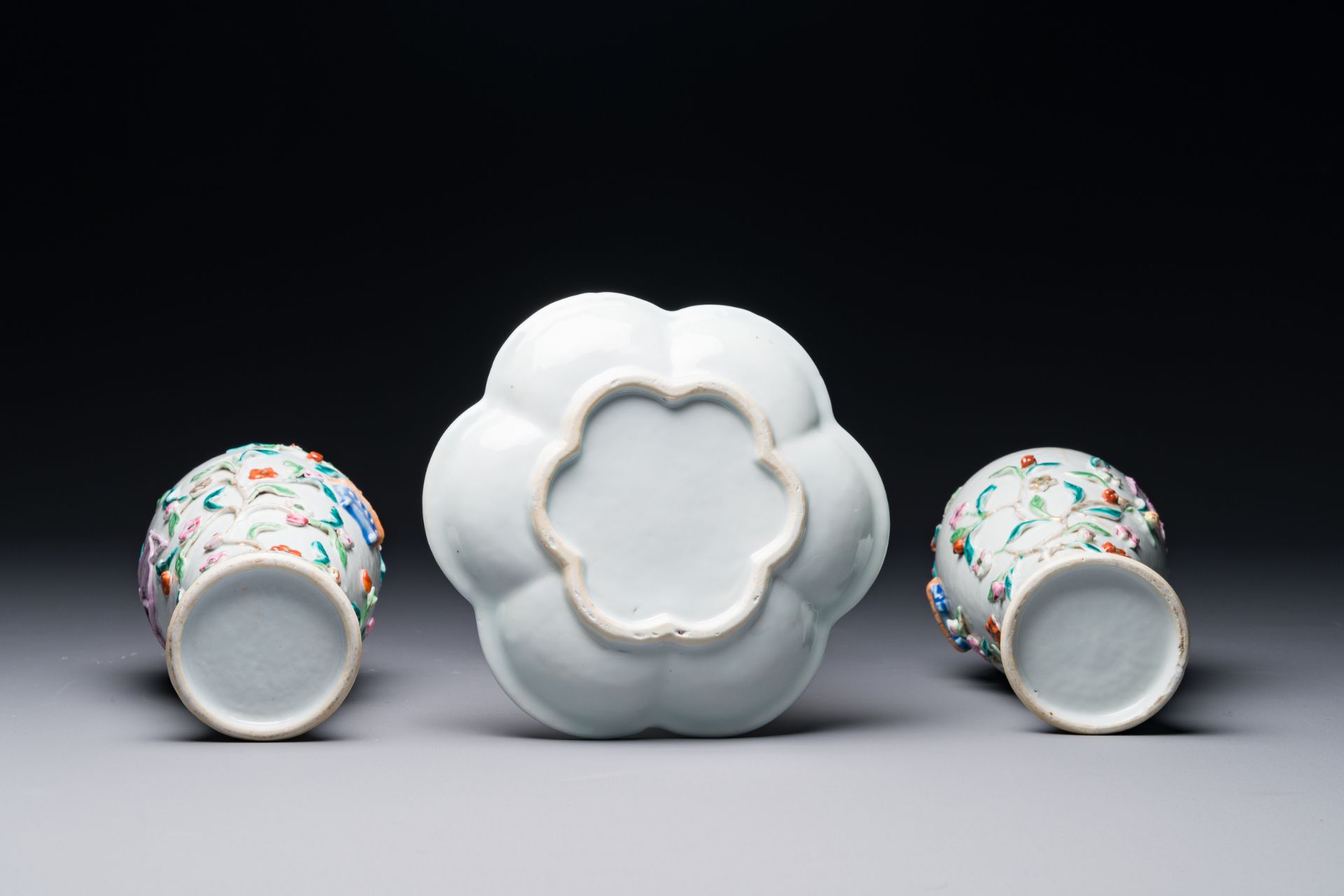 A pair of Chinese famille rose covered vases and a plate with applied floral design, Yongzheng - Image 3 of 3