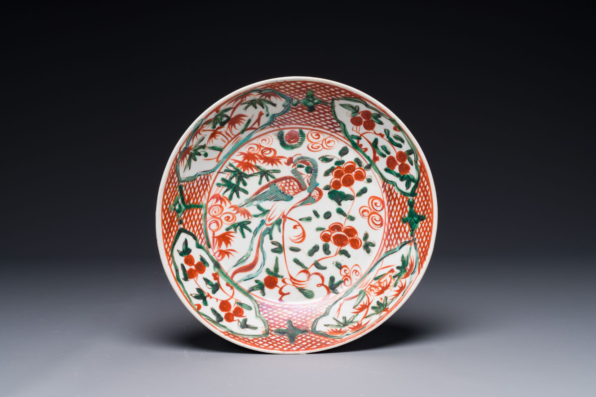 A Chinese Swatow wucai 'phoenix' plate, Ming