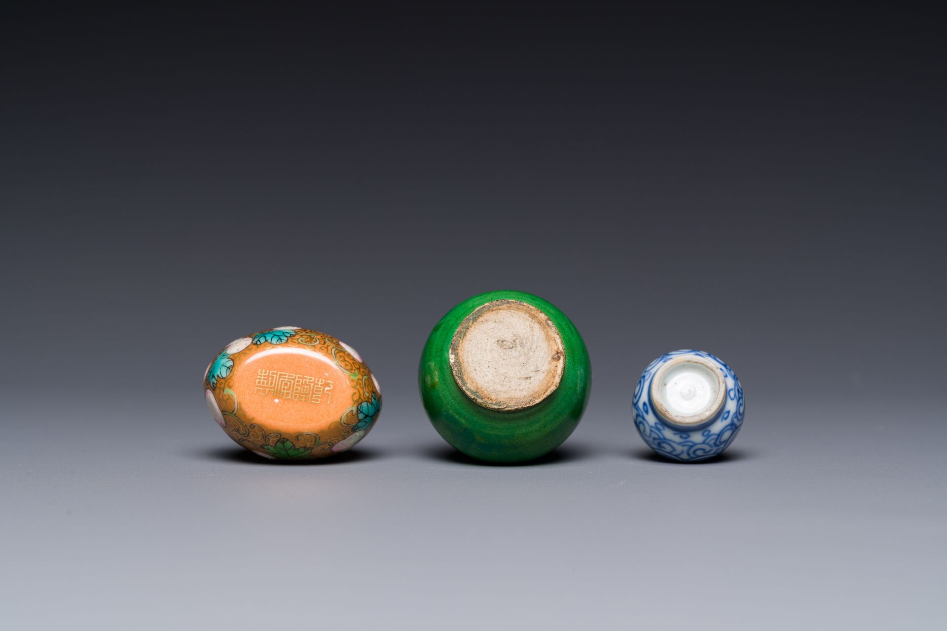 Two Chinese miniature vases and a snuff bottle with Qianlong mark, Kangxi and later - Image 2 of 2