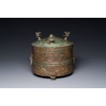 A rare Chinese archaic silver-inlaid bronze cosmetic box and cover, 'lian', Western Han