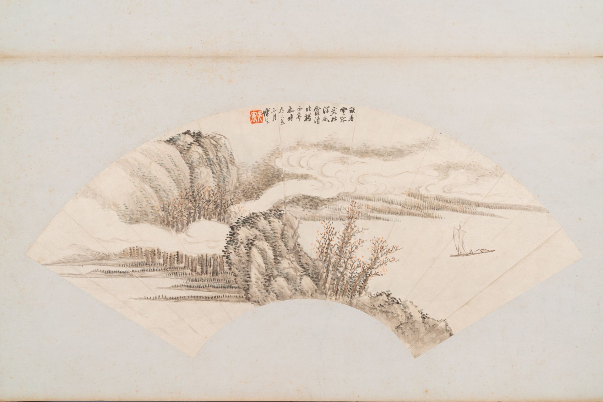 Chinese school: Four fan-shaped paintings, ink and colour on paper, signed Bosheng åšç”Ÿ, 19/20th C - Bild 3 aus 7