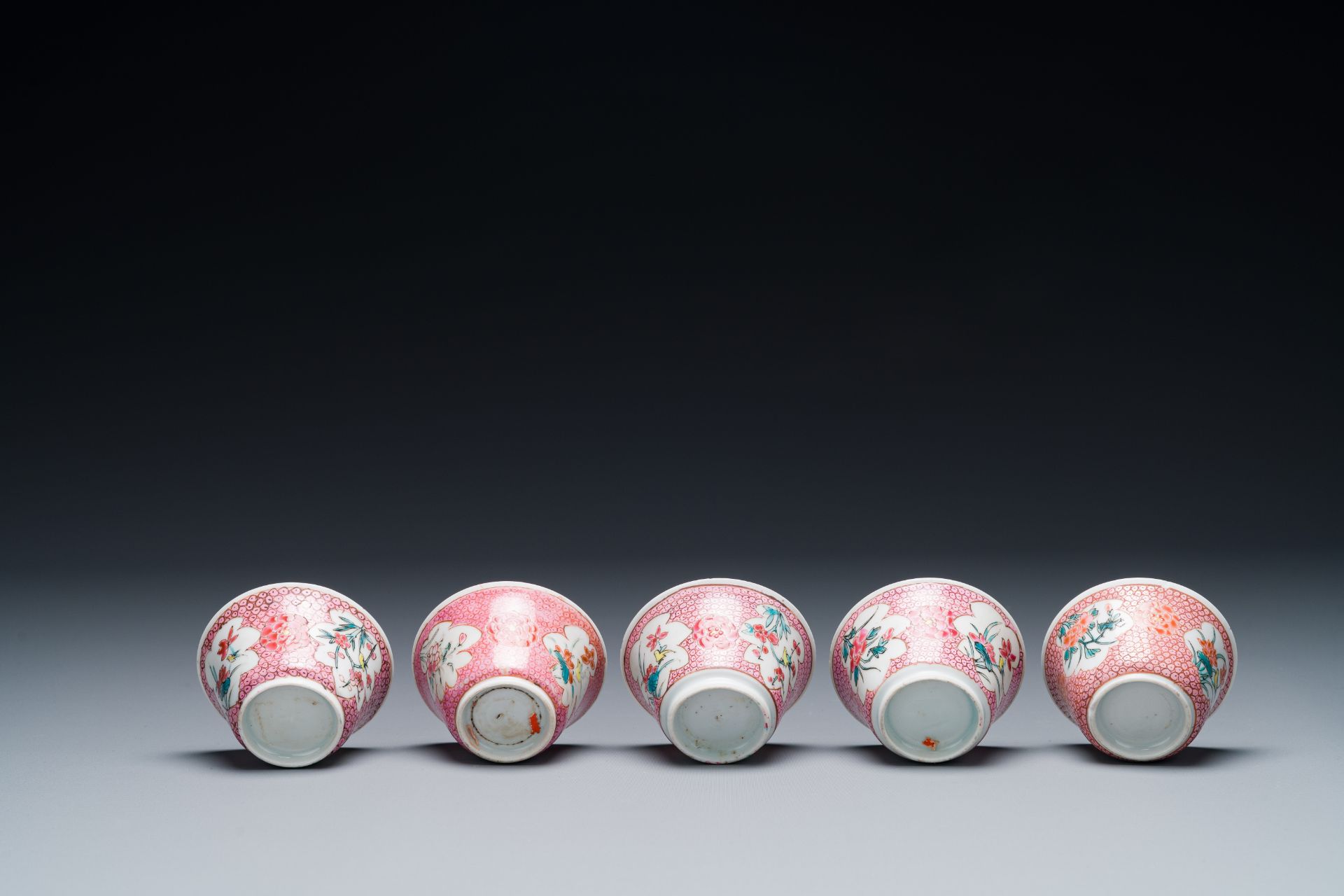 Five Chinese famille rose cups and saucers with figures, Yongzheng - Image 6 of 8