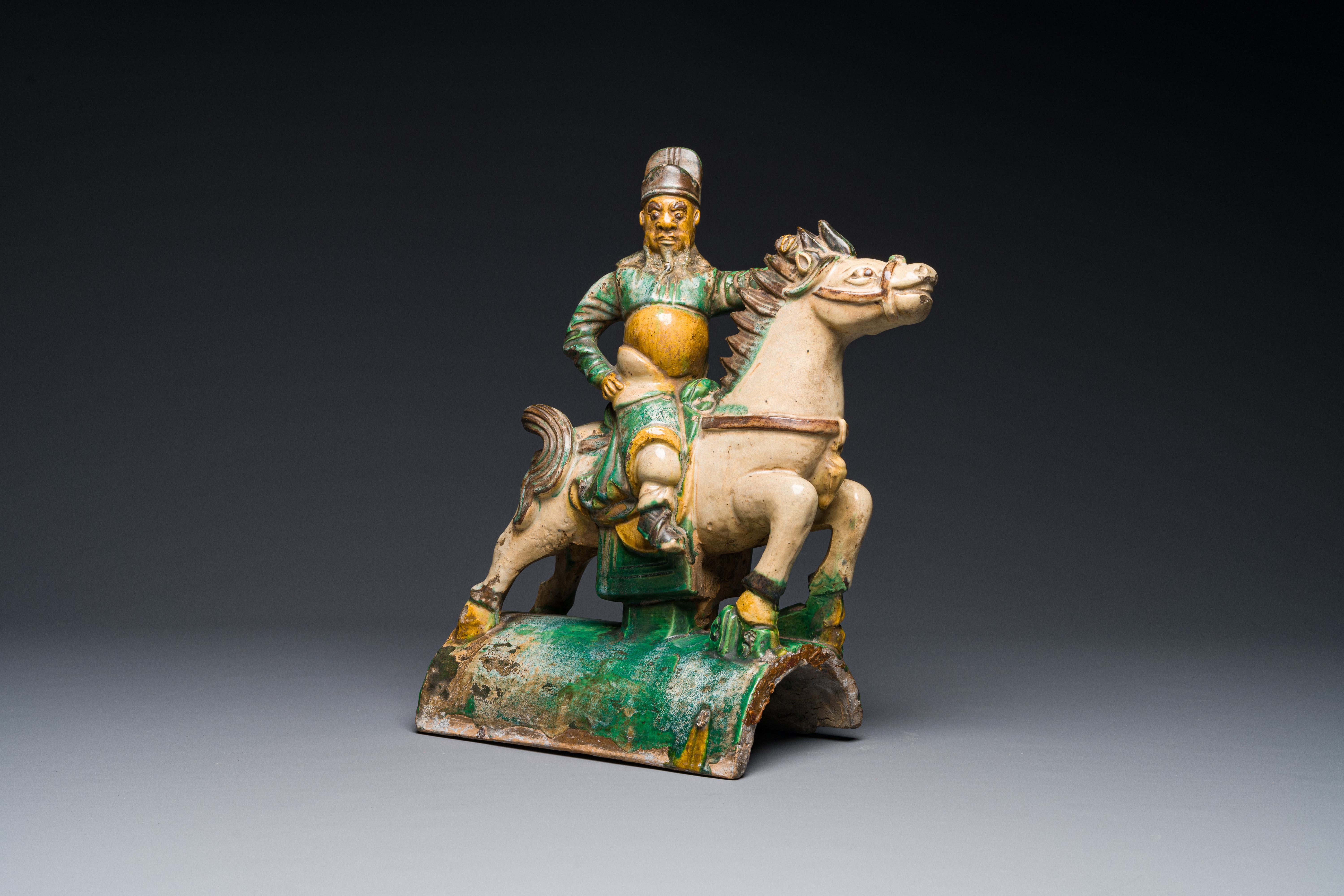 A Chinese sancai roof tile in the shape of a warrior on horseback, Ming