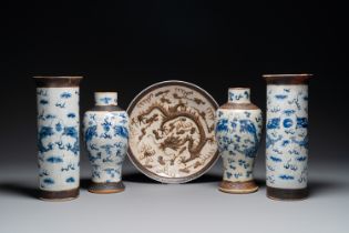Two pairs of Chinese blue and white Nanking crackle-glazed 'dragon' vases and a dish, Chenghua mark,
