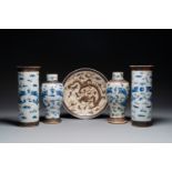 Two pairs of Chinese blue and white Nanking crackle-glazed 'dragon' vases and a dish, Chenghua mark,
