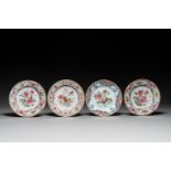 Four Chinese famille rose plates with flowers and animals, Yongzheng/Qianlong