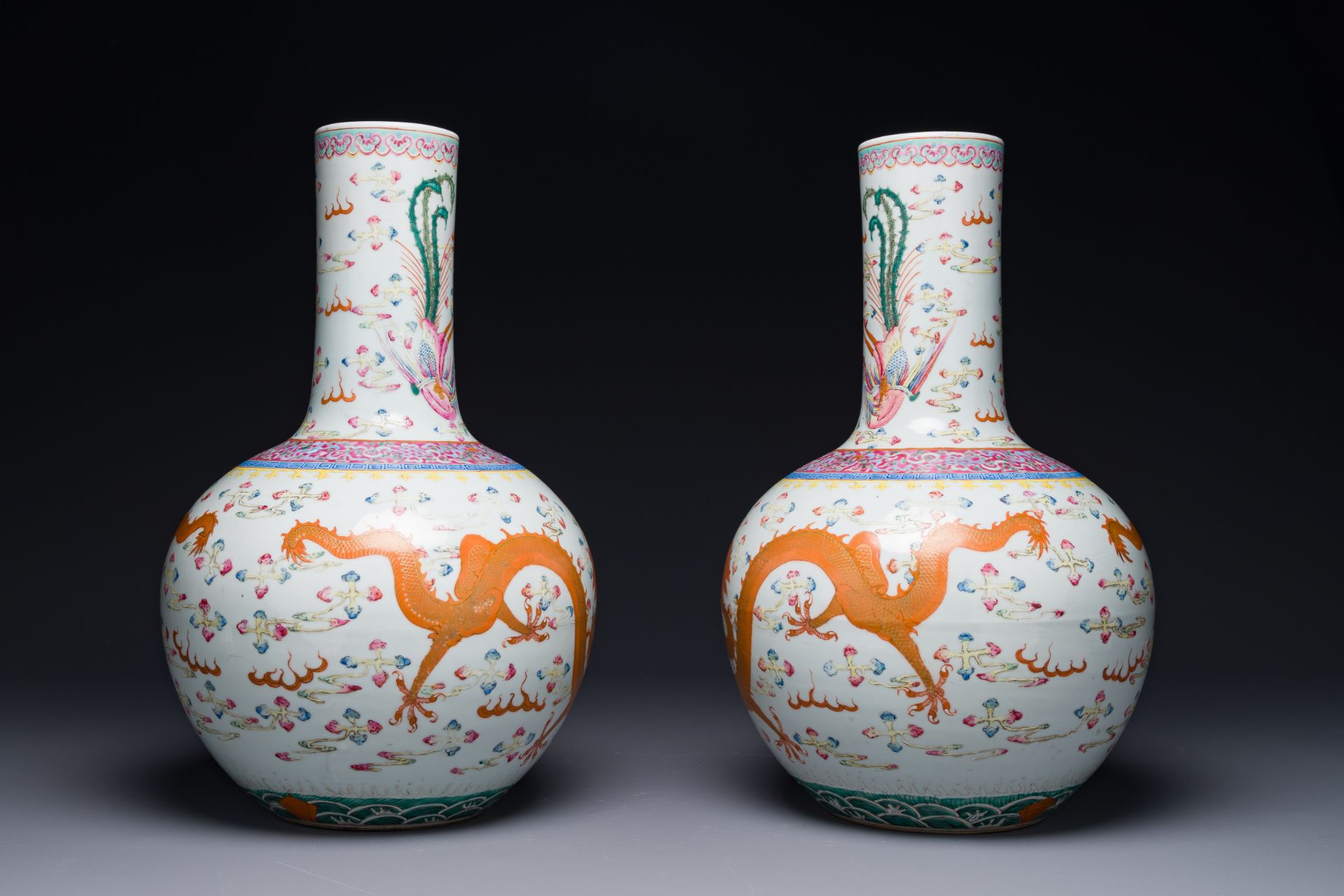 A pair of Chinese famille rose 'dragon' bottle vases, Tongzhi/Guangxu - Image 2 of 6