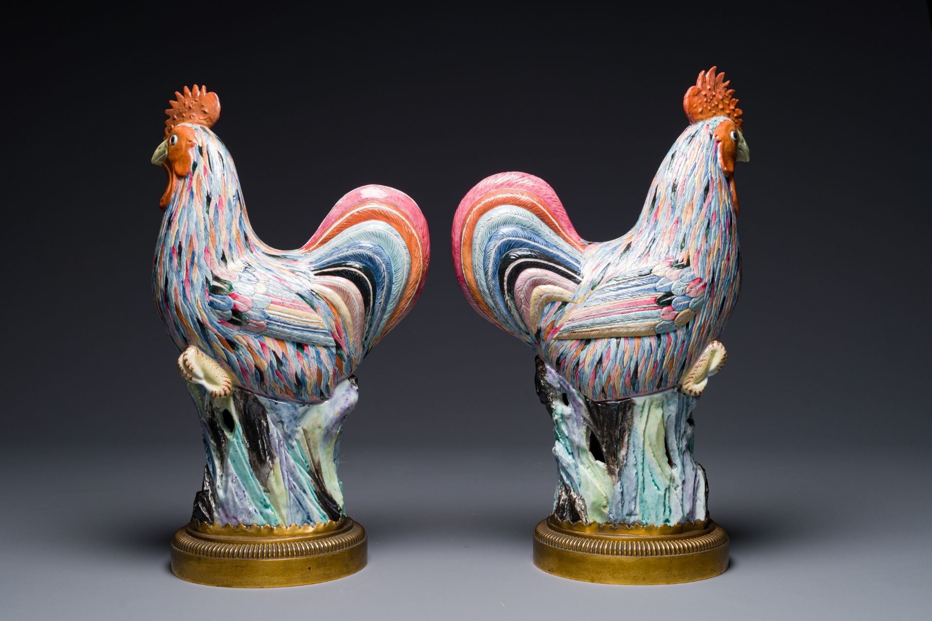 A pair of large Chinese famille rose models of roosters with gilt bronze mounts, Qianlong - Image 2 of 5