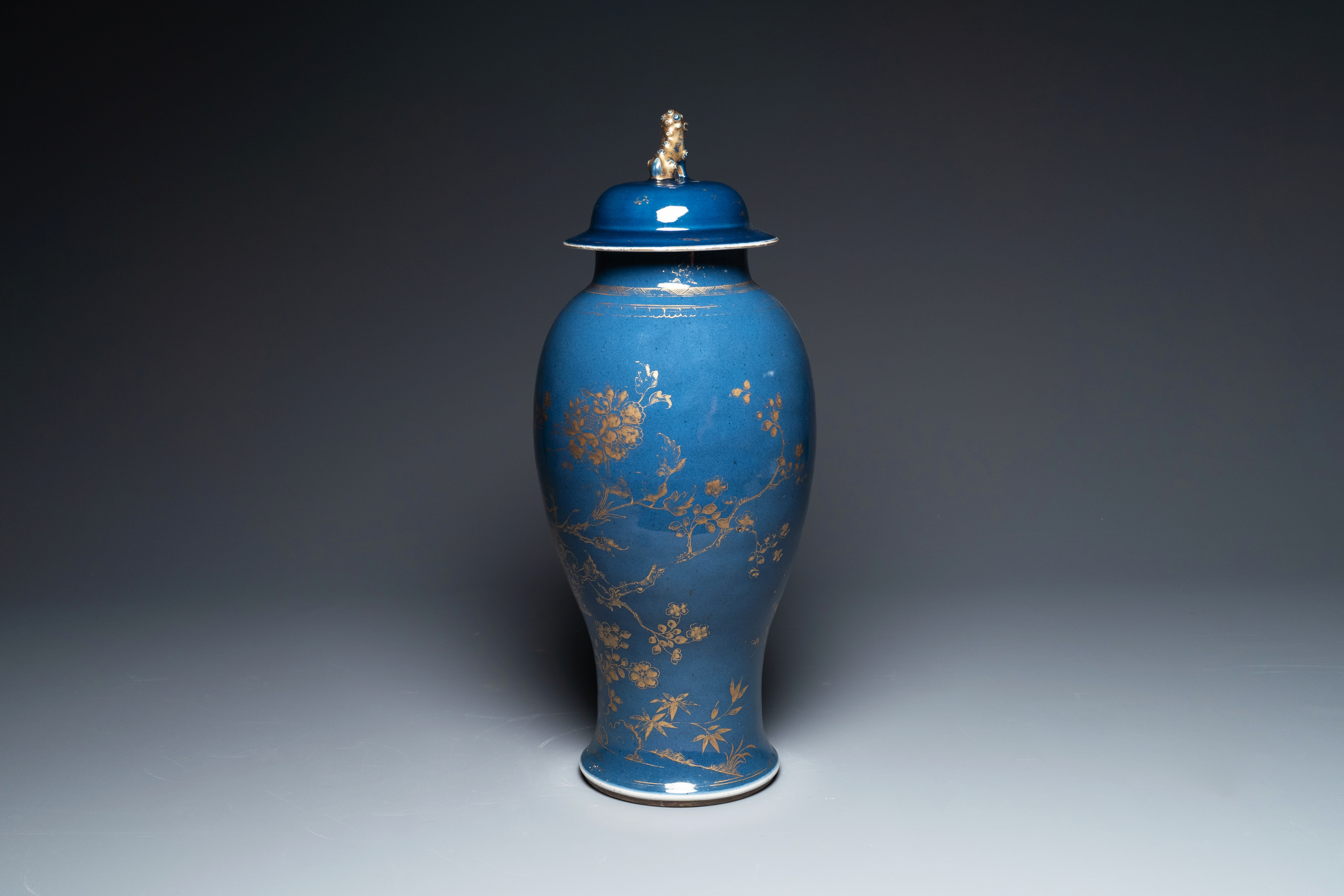 A Chinese gilt-decorated powder-blue vase with a phoenix among blossoming branches , Qianlong - Image 2 of 5