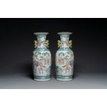 A pair of Chinese famille rose vases with narrative design, 19th C.