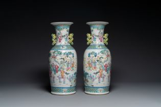 A pair of Chinese famille rose vases with narrative design, 19th C.