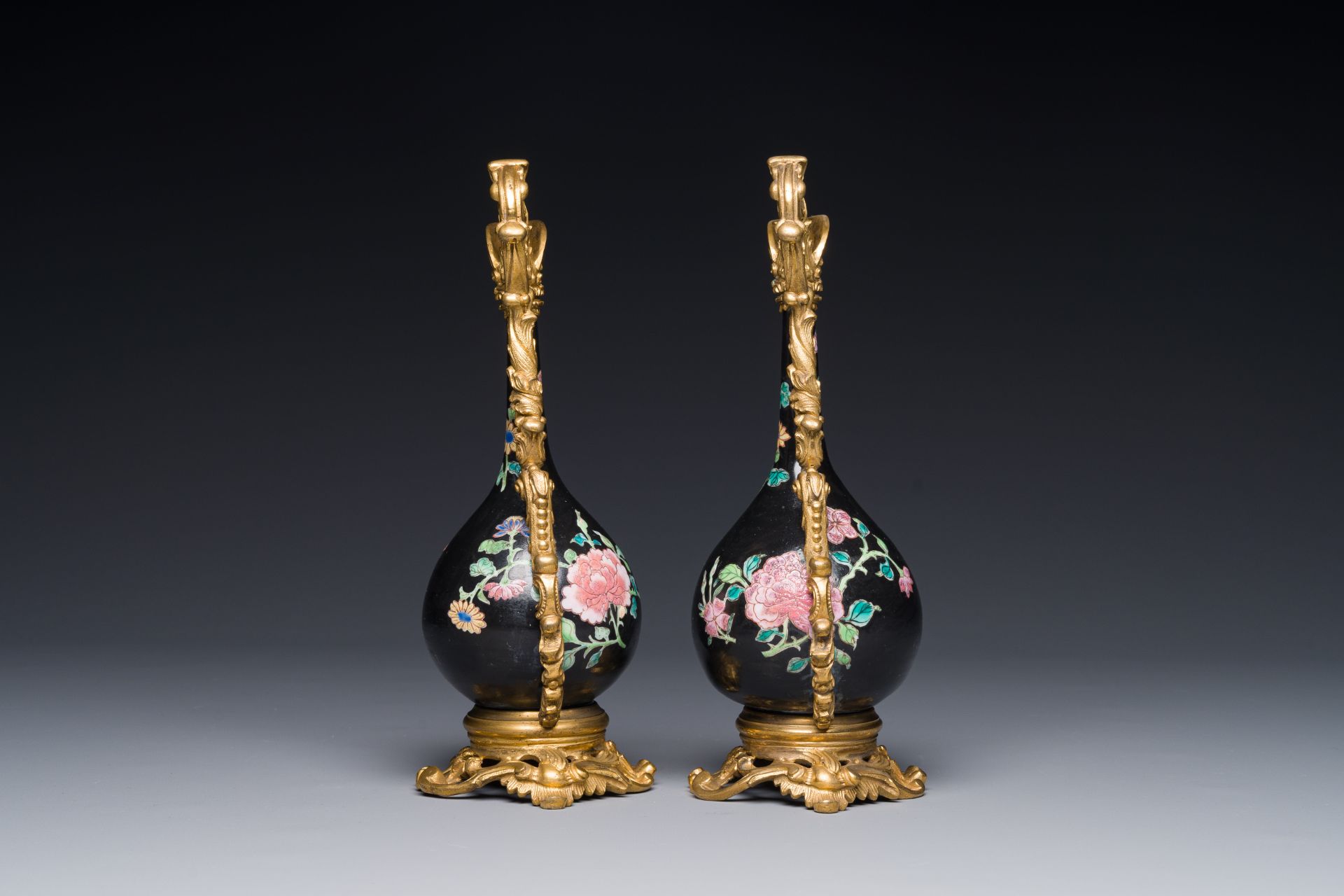 A pair of Chinese black-ground famille rose vases with gilt bronze mounts, Yongzheng - Image 3 of 4