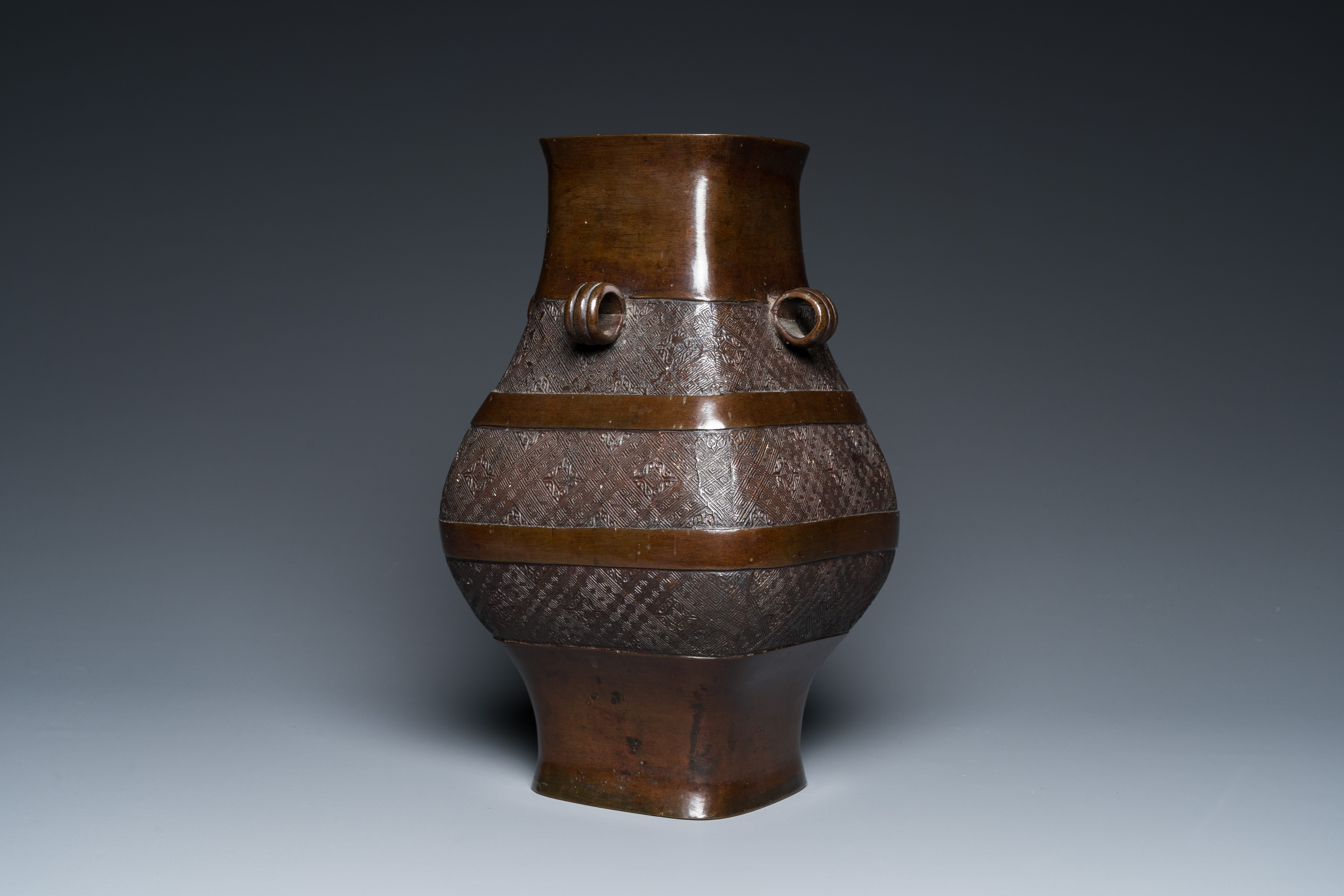 A Chinese archaistic bronze 'fanghu' vase, Ming - Image 2 of 24